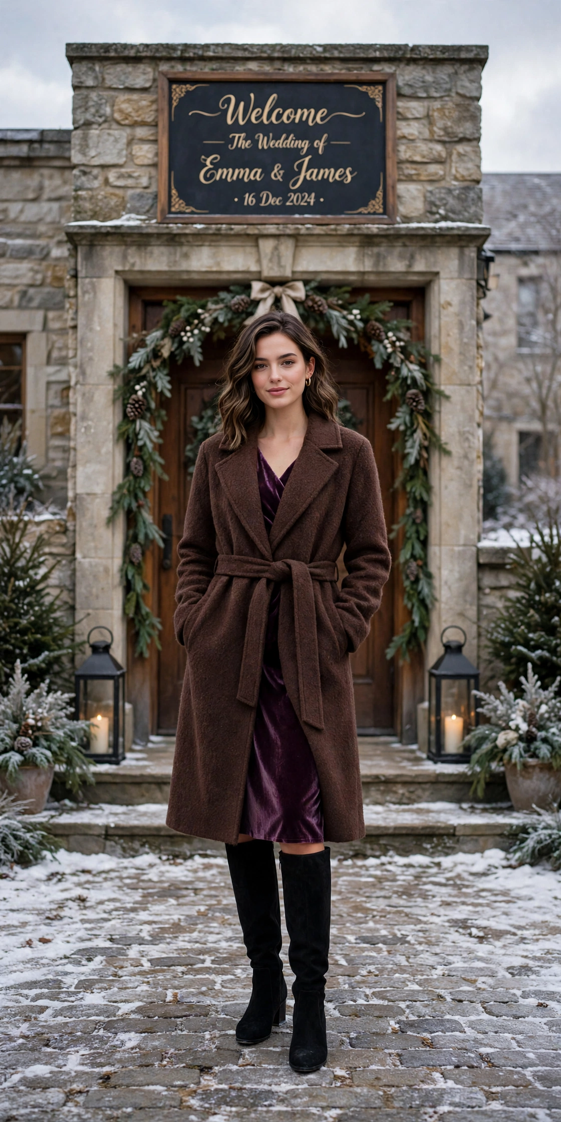 Chocolate wool wrap coat, plum velvet dress and knee-high boots