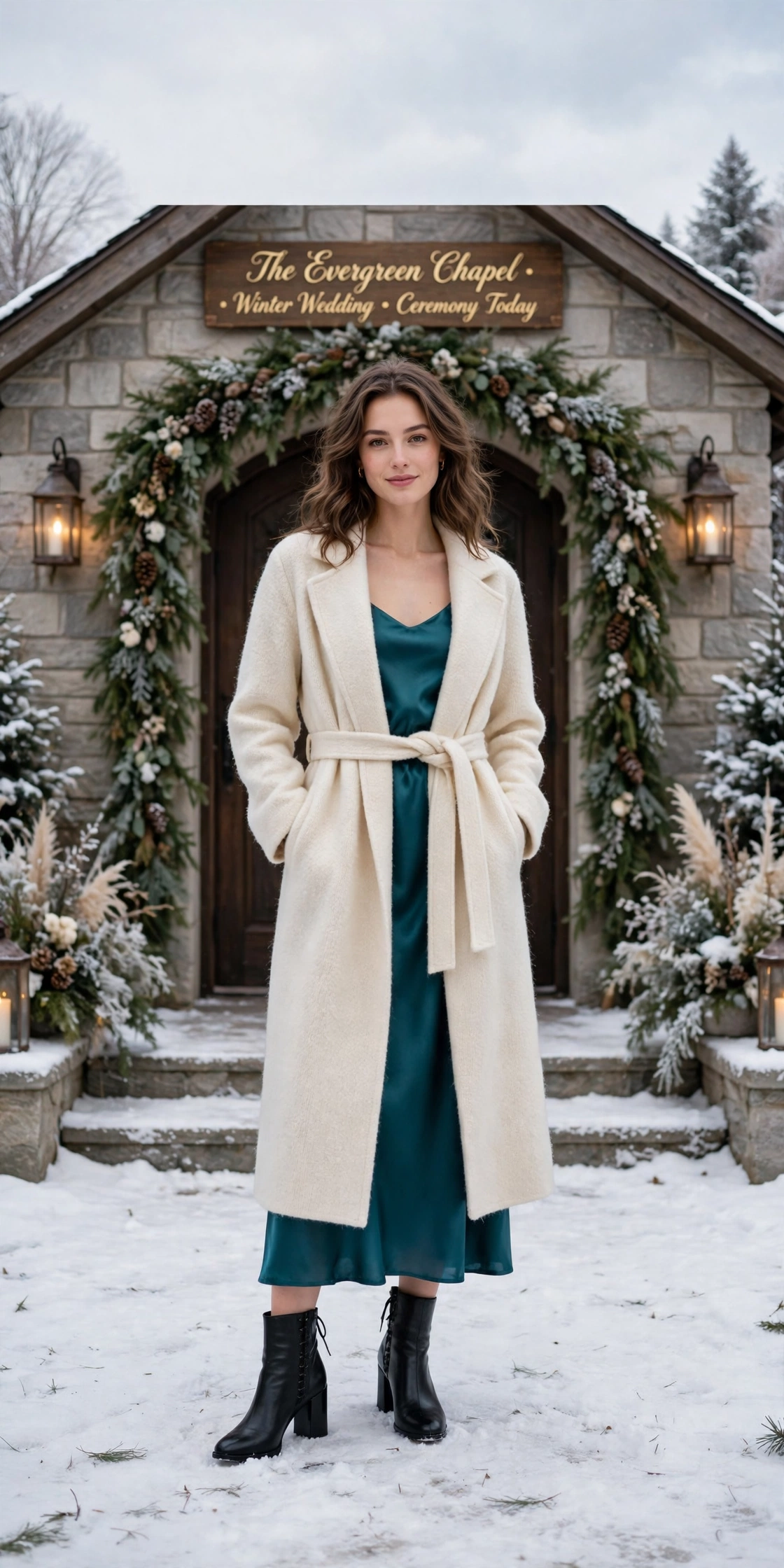 Cream wool wrap coat, teal satin dress and block-heel ankle boots