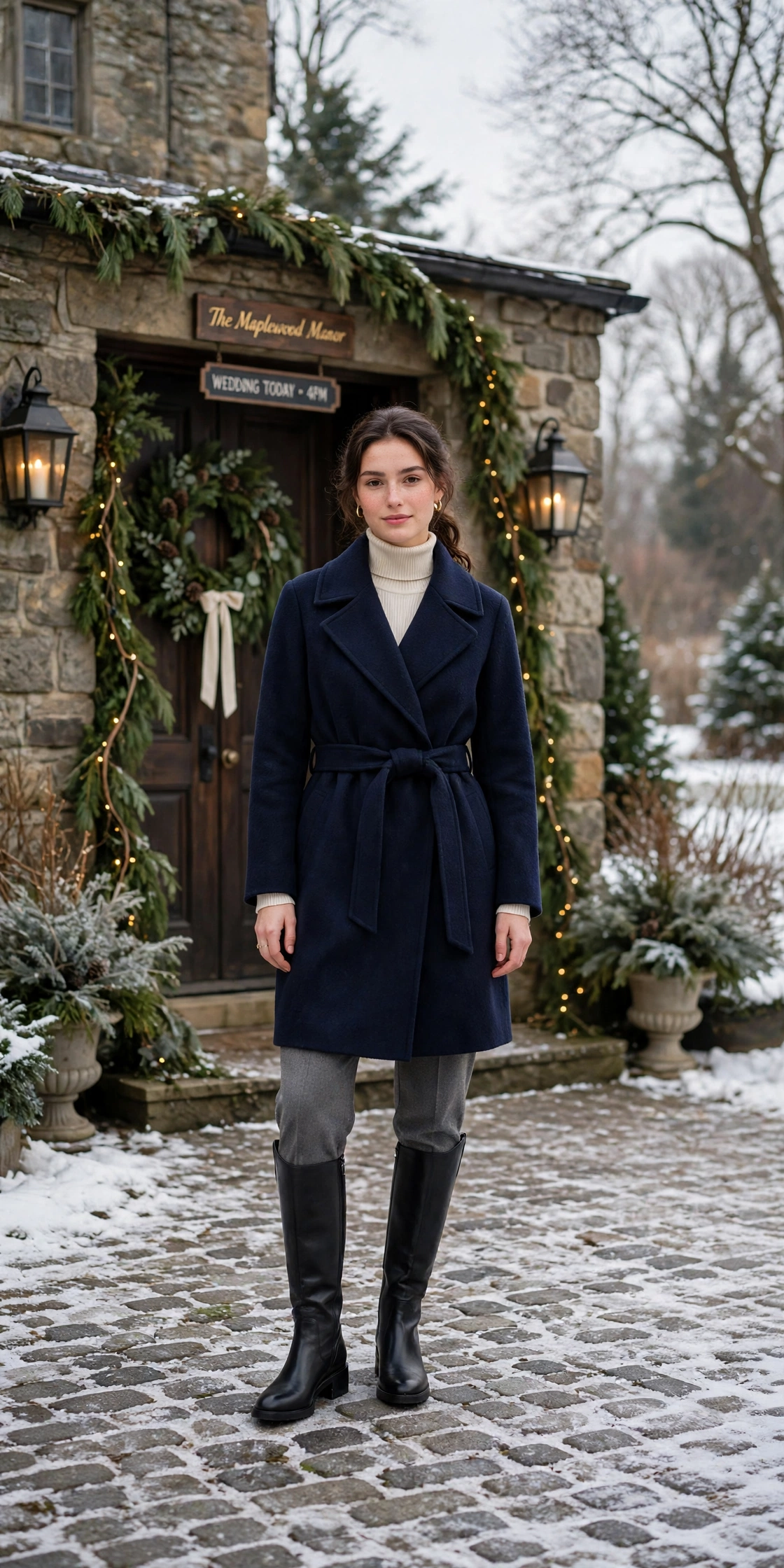 Navy wool wrap coat, cream turtleneck with grey trousers and knee-high boots