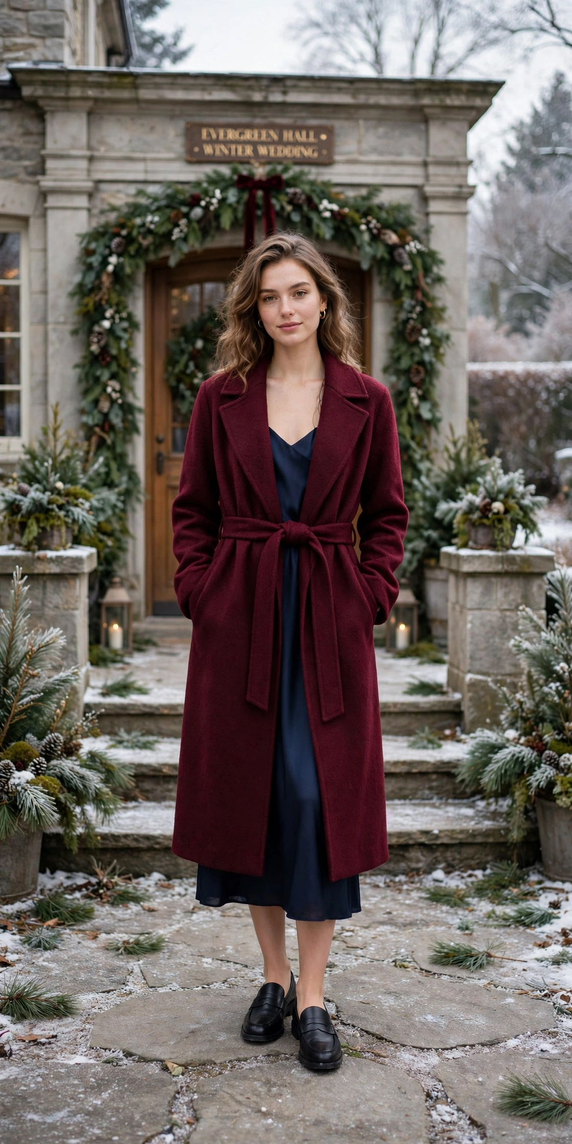 Burgundy wool wrap coat, navy slip dress and classic loafers