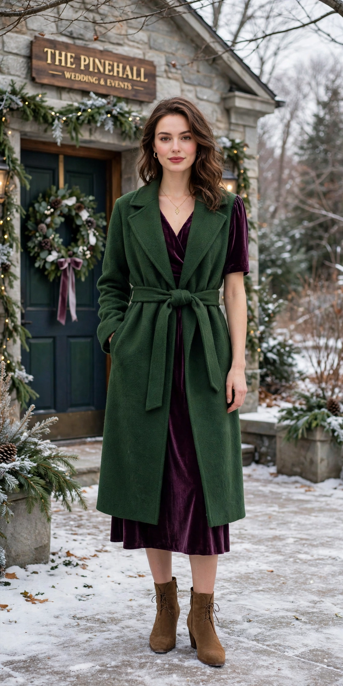 Forest green wool wrap coat, plum velvet dress and suede ankle boots