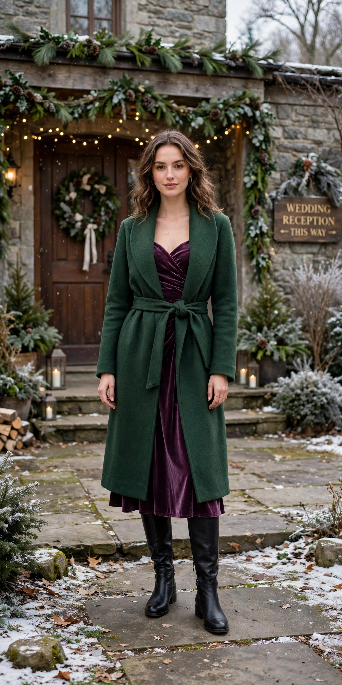 Forest green wool wrap coat, plum velvet dress and knee-high boots