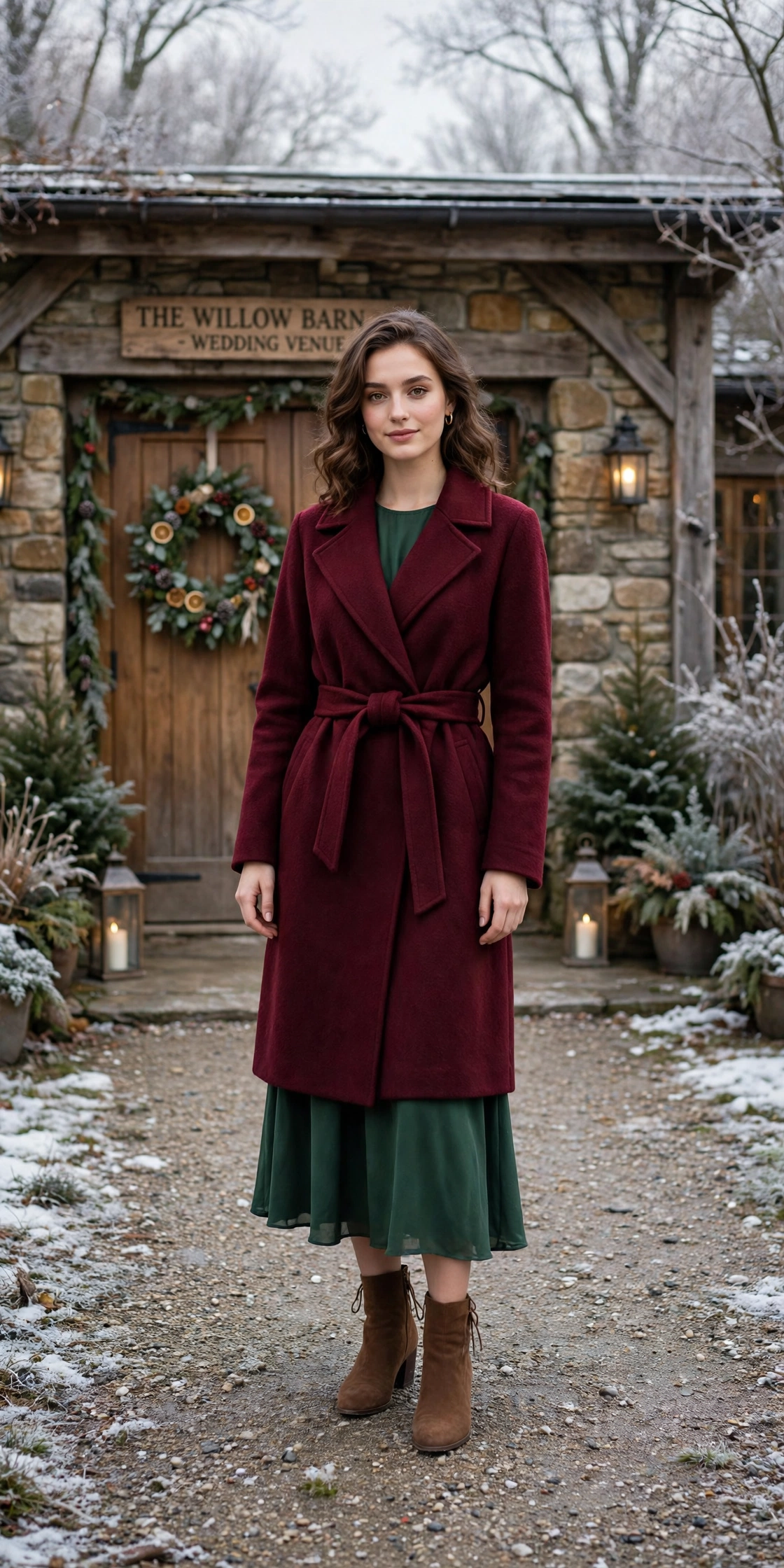 Burgundy wool wrap coat, forest green midi dress and suede ankle boots