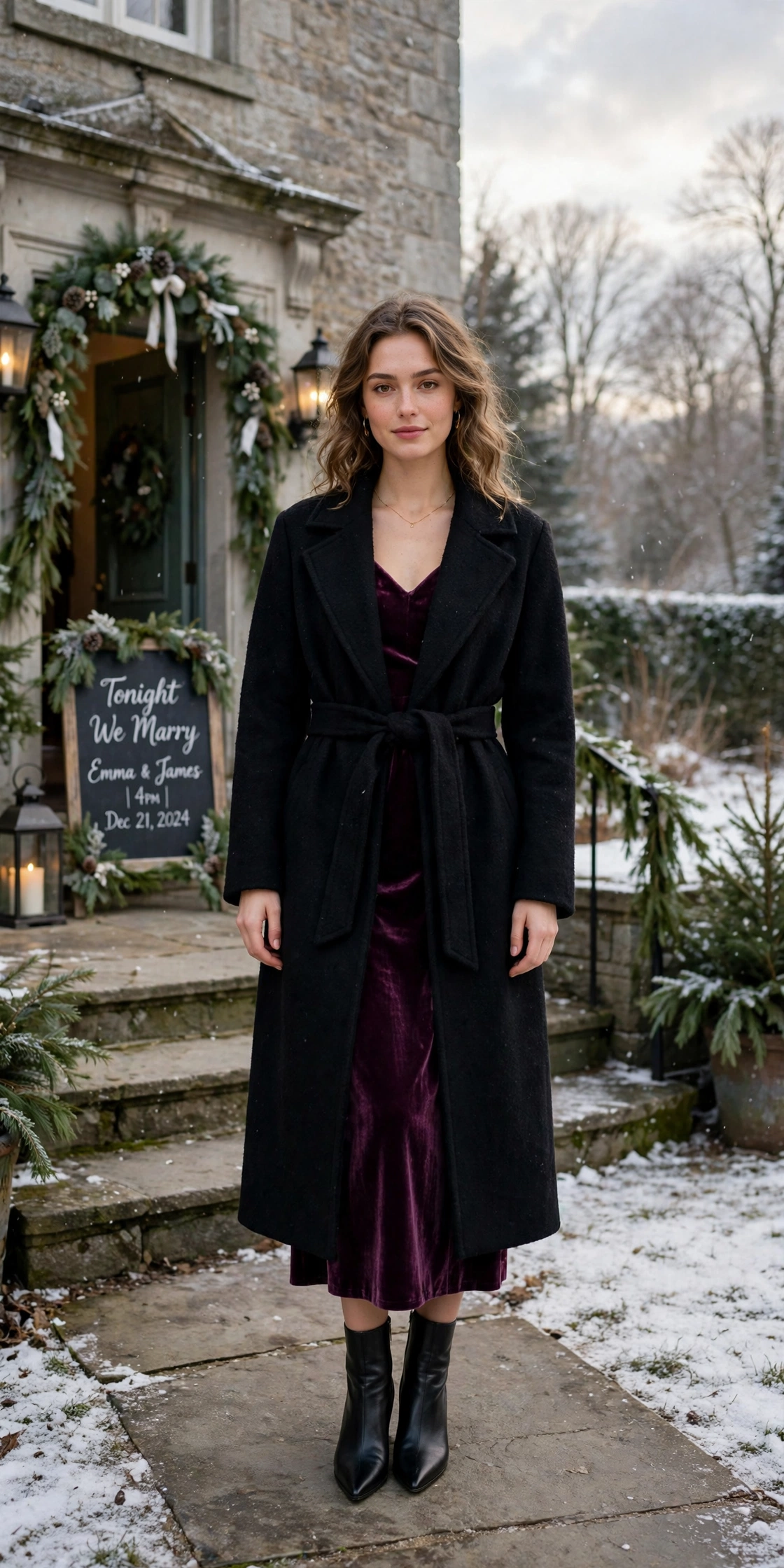 Black wool wrap coat, plum velvet dress and black pointed boots
