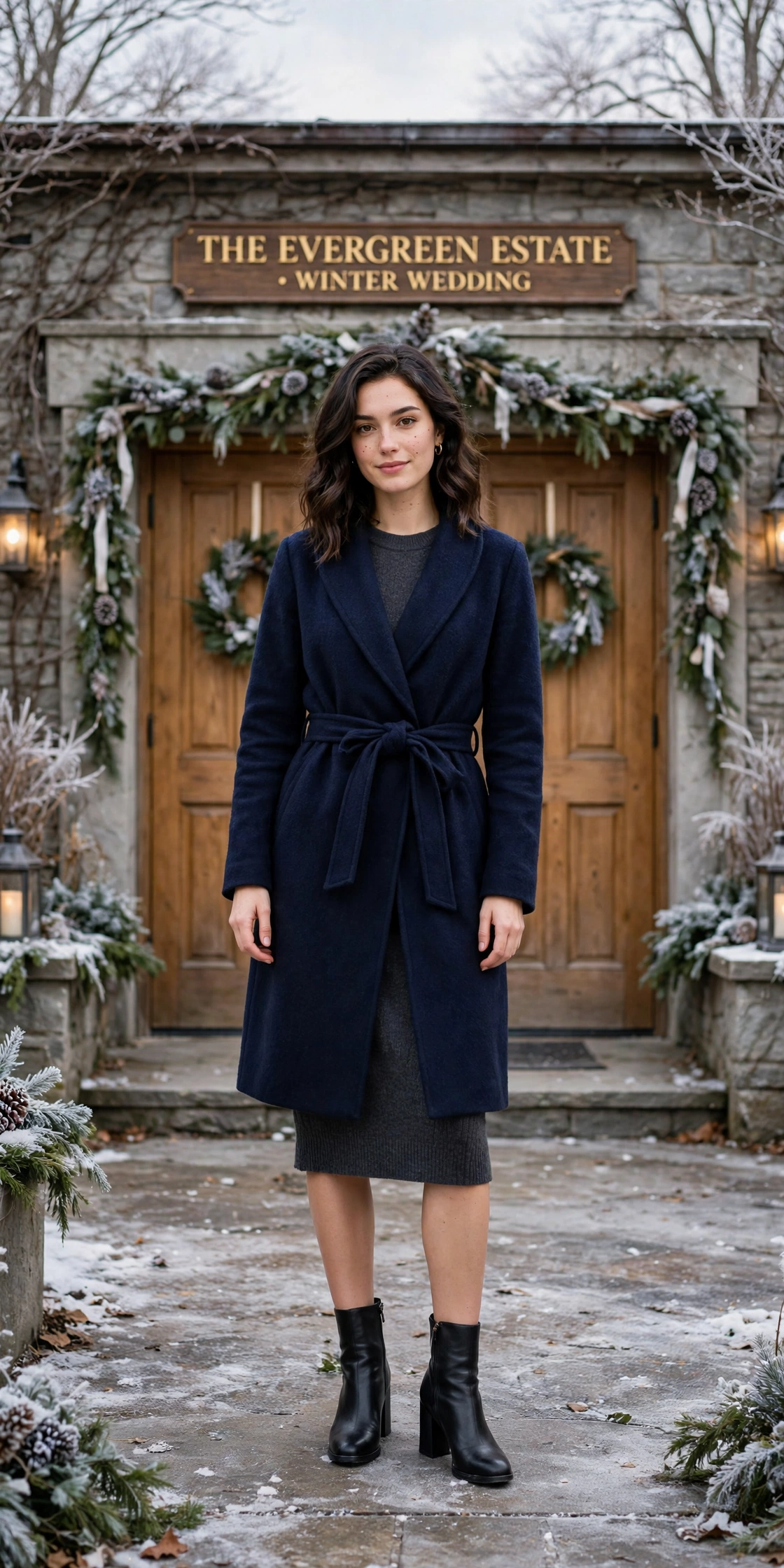 Navy wool wrap coat, charcoal knit dress and block-heel ankle boots