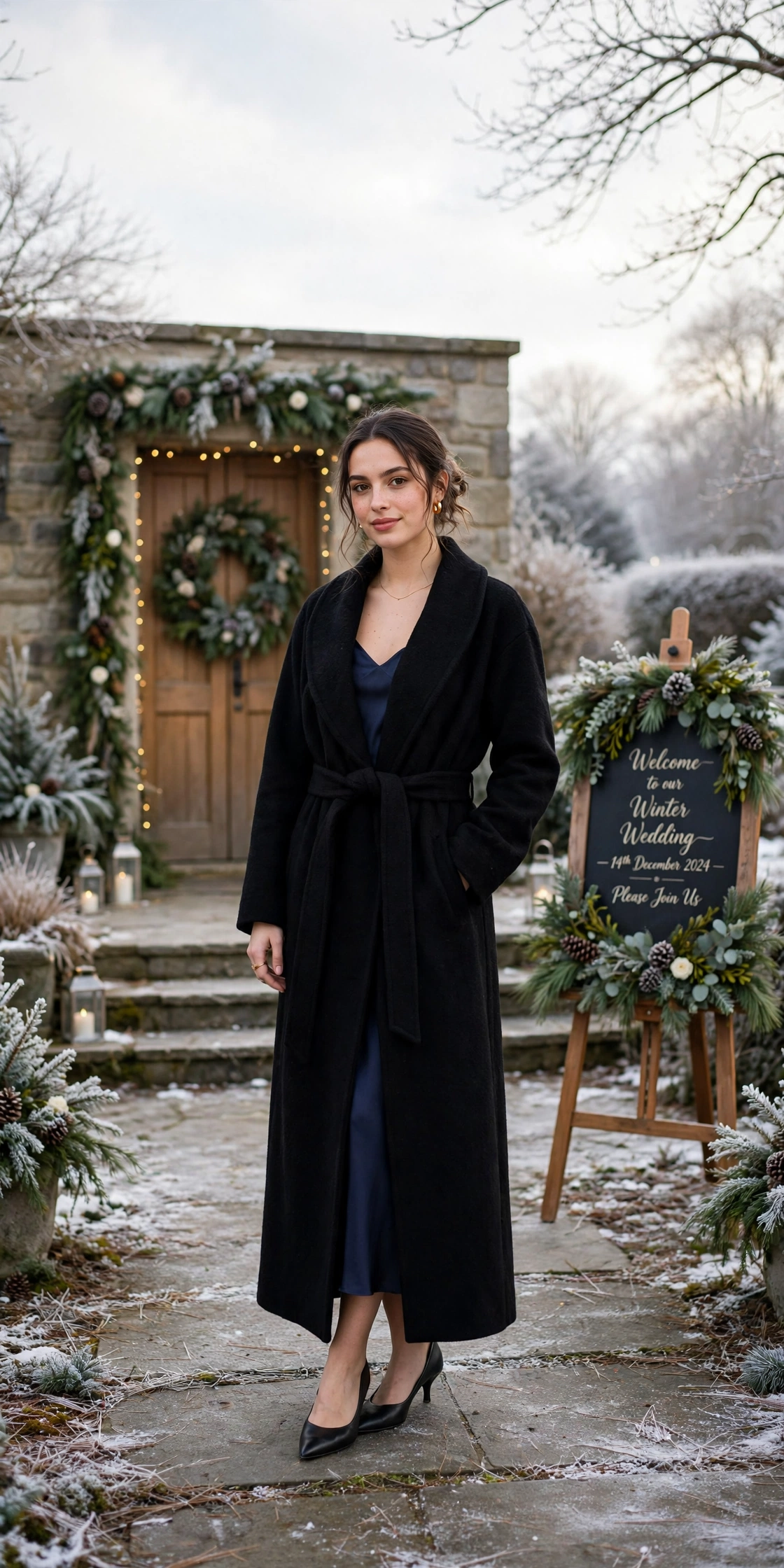 Black wool wrap coat, navy slip dress and kitten heels