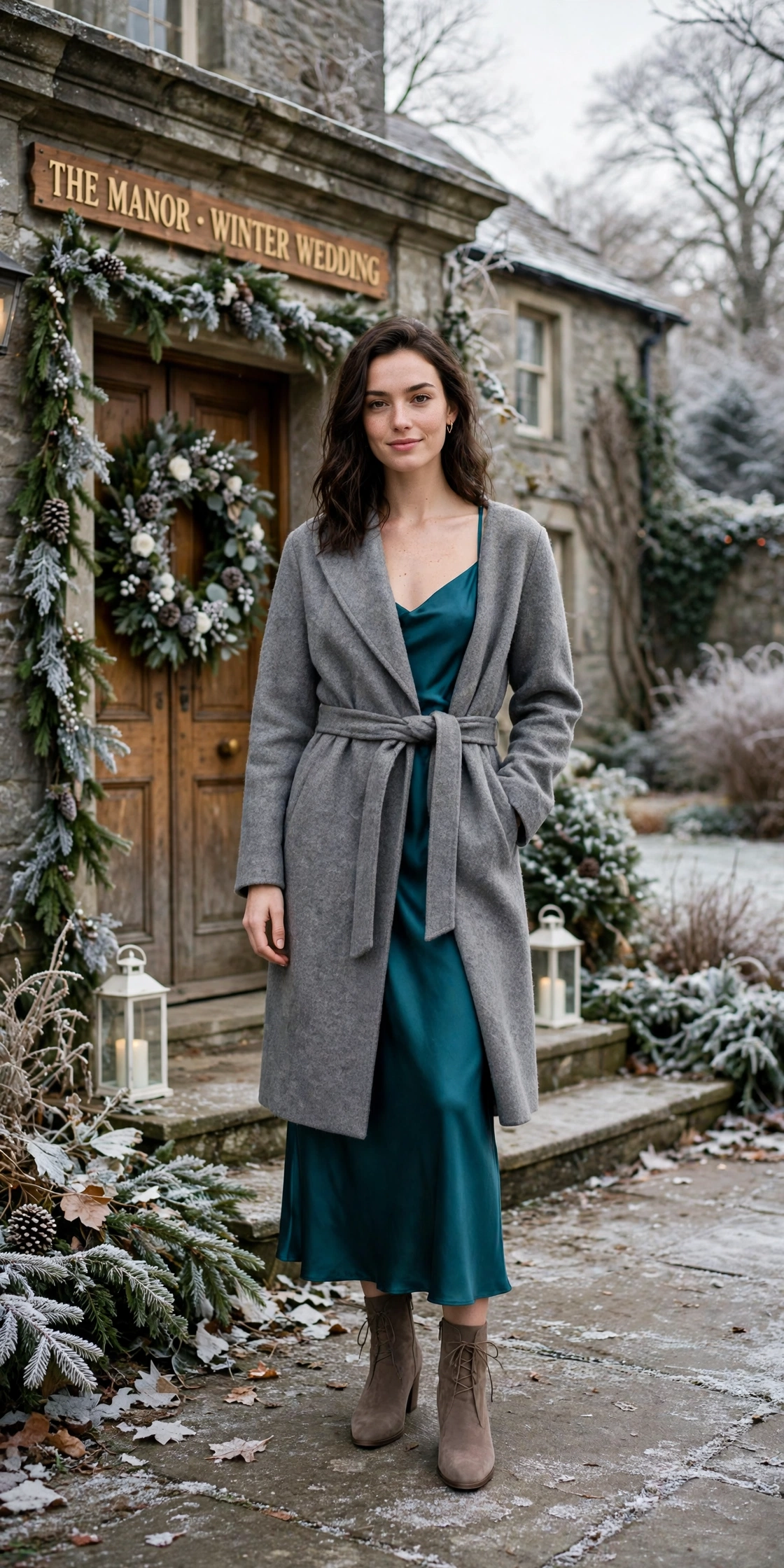 Grey wool wrap coat, teal satin dress and suede ankle boots
