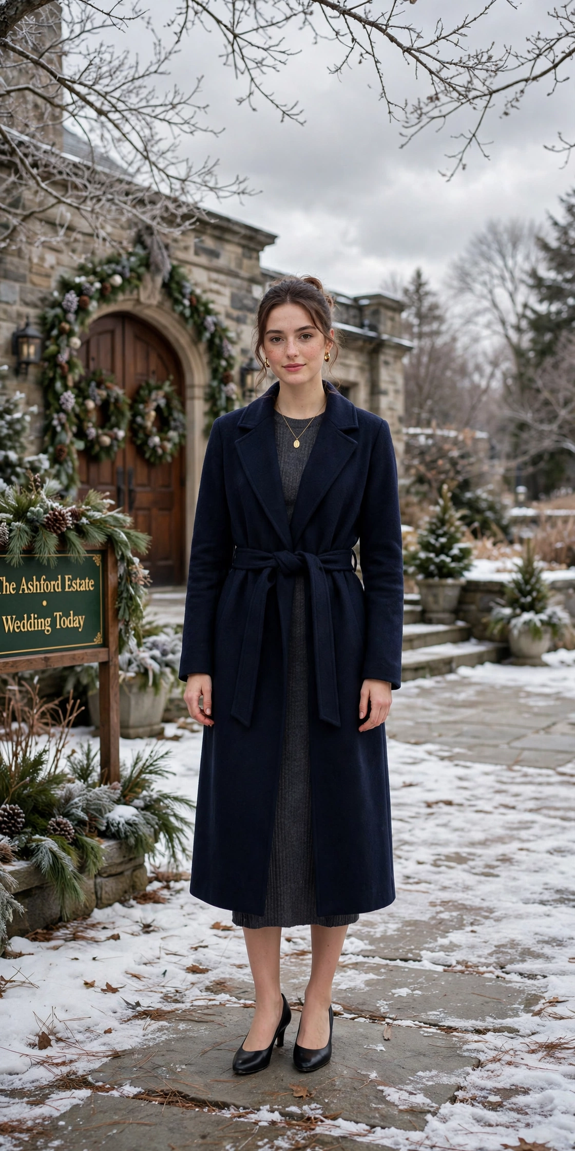 Navy wool wrap coat, charcoal knit dress and low-heeled pumps