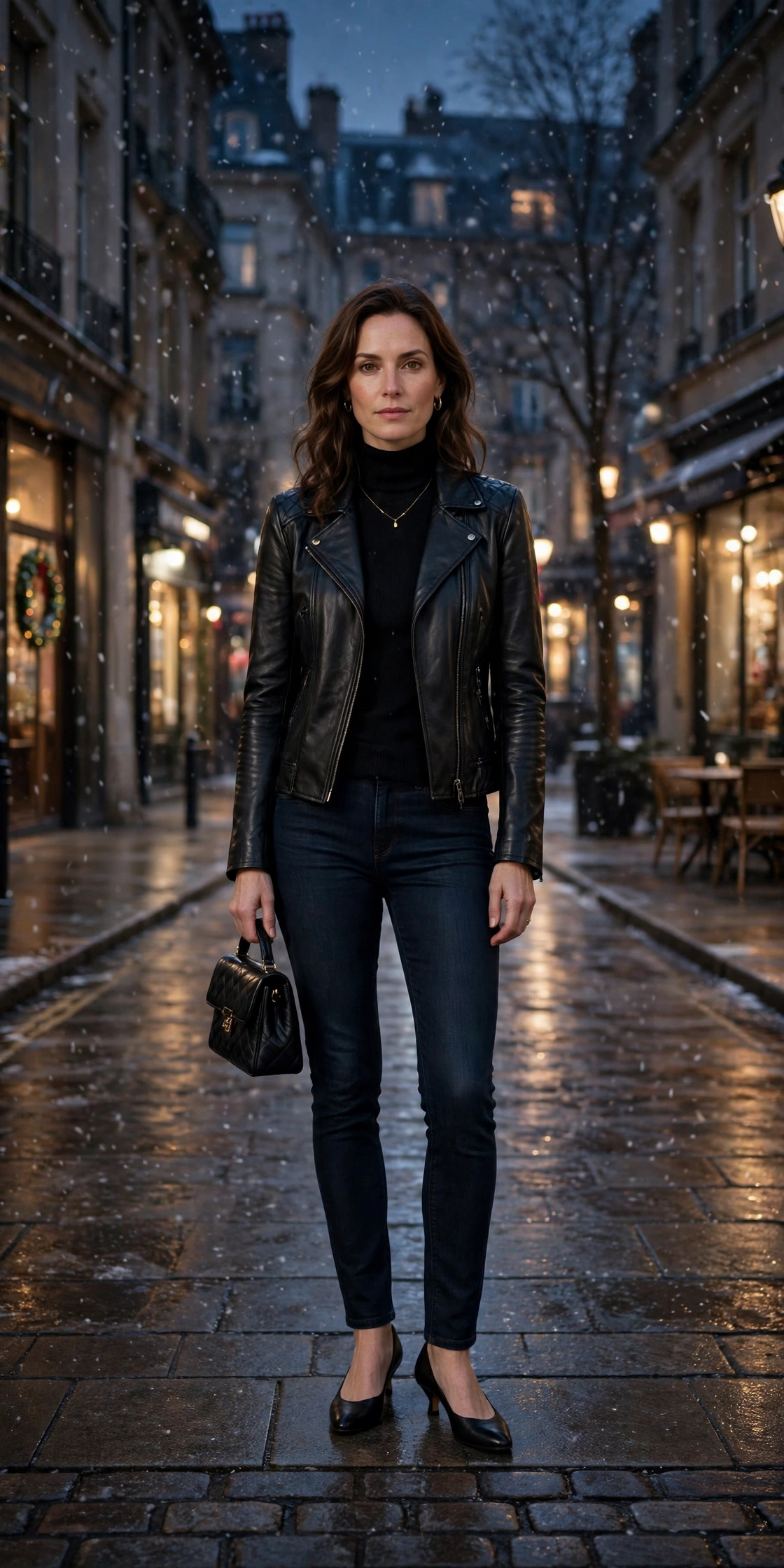 40 Women in Their 30s Black Leather Jacket Outfits for Winter Nights That Are Chic, Warm and Elegant 2 Jet black leather fitted jacket outfit with dark jeans, low-heeled pumps and a small structured clutch