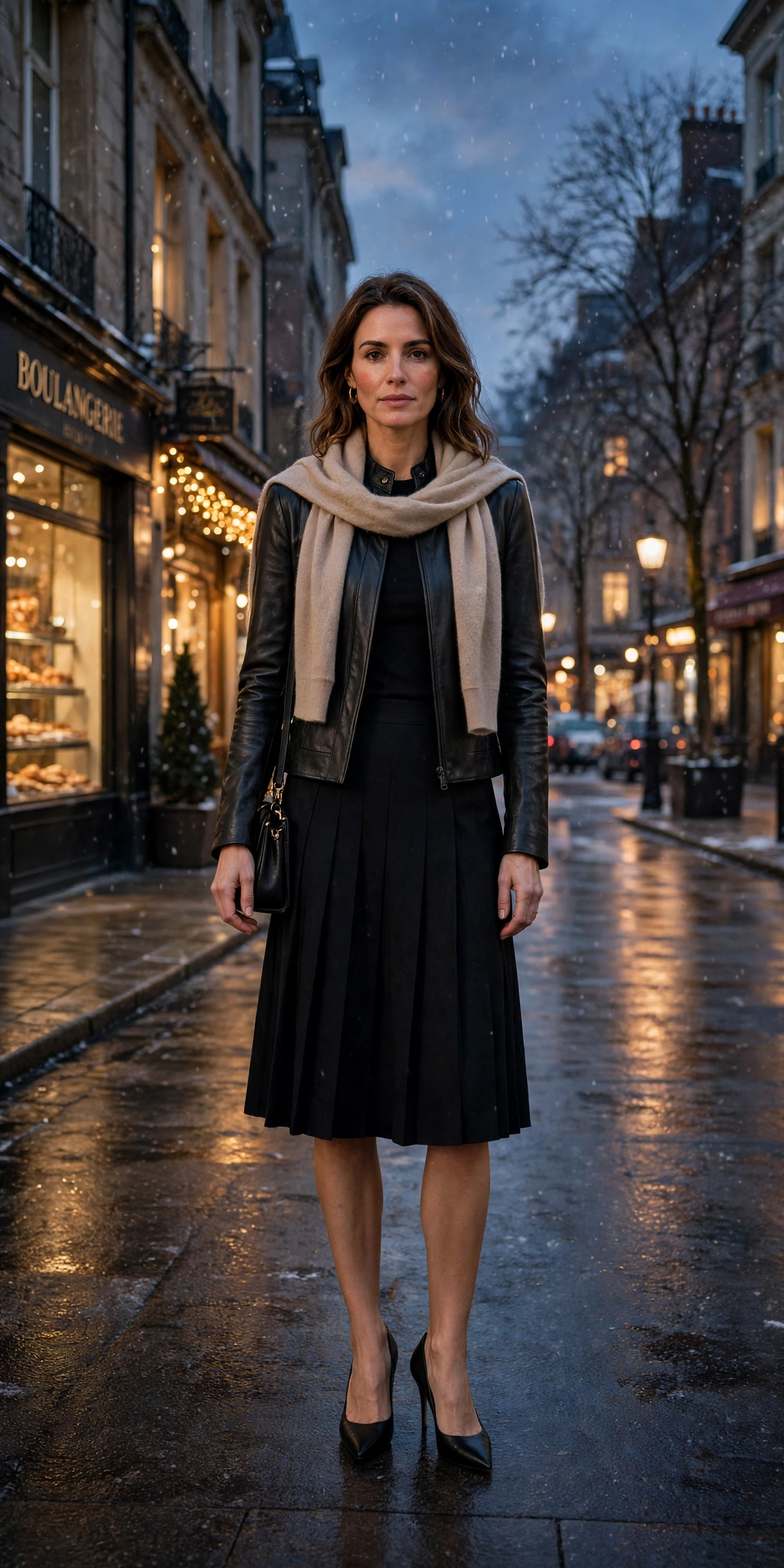 40 Women in Their 30s Black Leather Jacket Outfits for Winter Nights That Are Chic, Warm and Elegant 3 Matte black leather fitted jacket outfit with a knee-length skirt, black pointed heels and a cashmere wrap