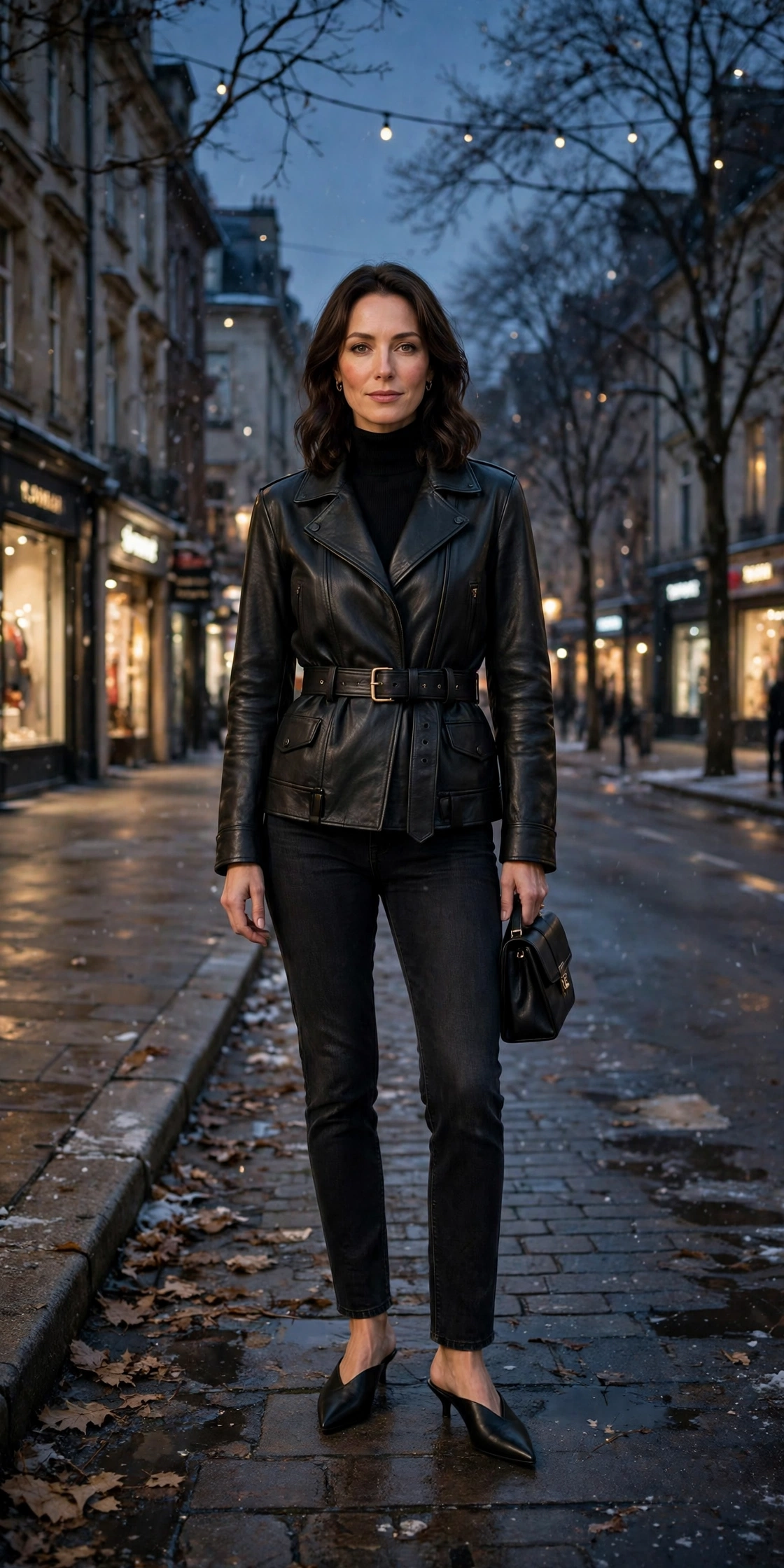 40 Women in Their 30s Black Leather Jacket Outfits for Winter Nights That Are Chic, Warm and Elegant 4 Matte black leather belted jacket outfit with dark jeans, pointed mules and a small structured clutch