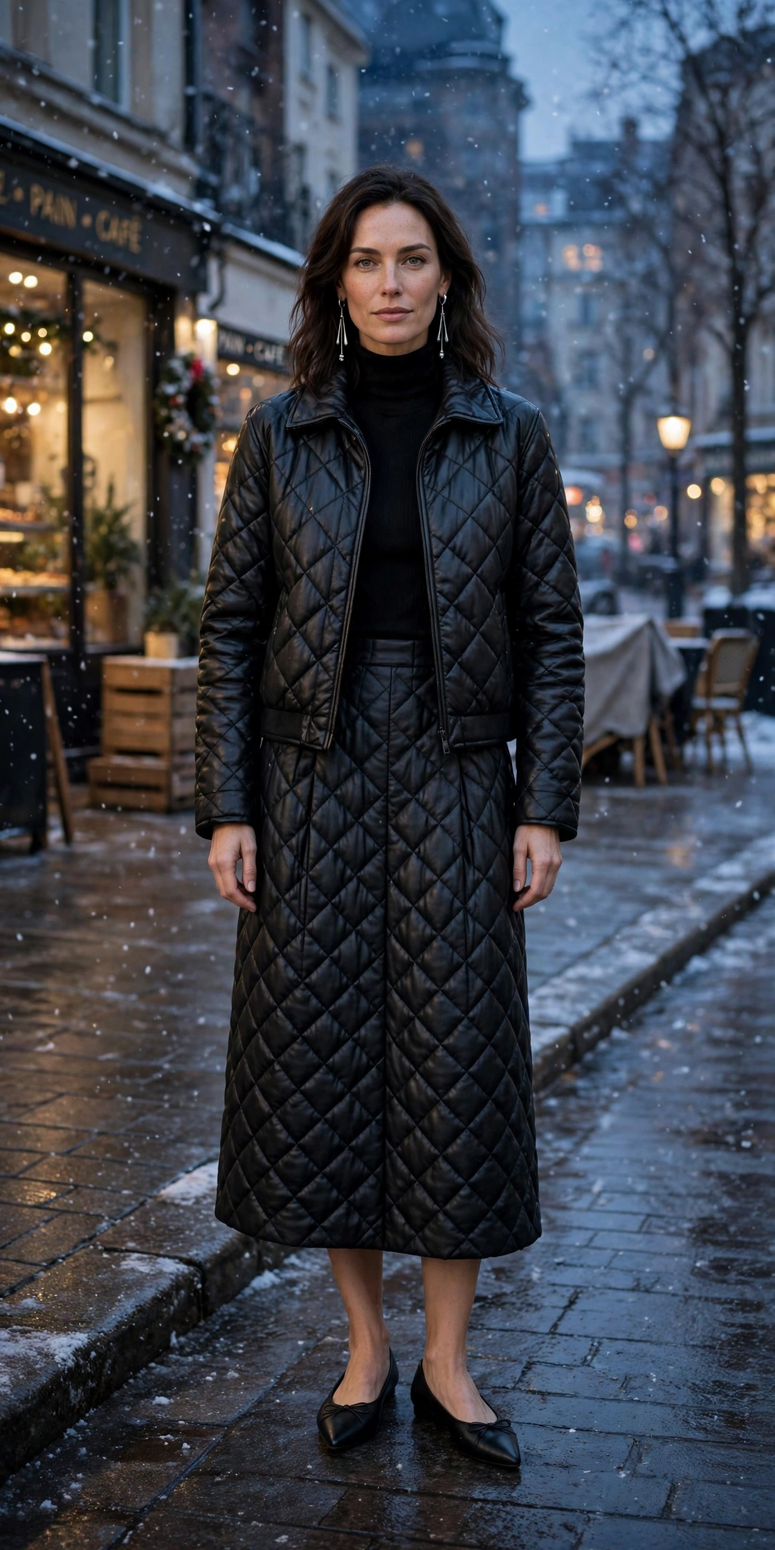 40 Women in Their 30s Black Leather Jacket Outfits for Winter Nights That Are Chic, Warm and Elegant 5 Matte black leather quilted jacket outfit with a midi skirt, elegant pointed flats and silver drop earrings