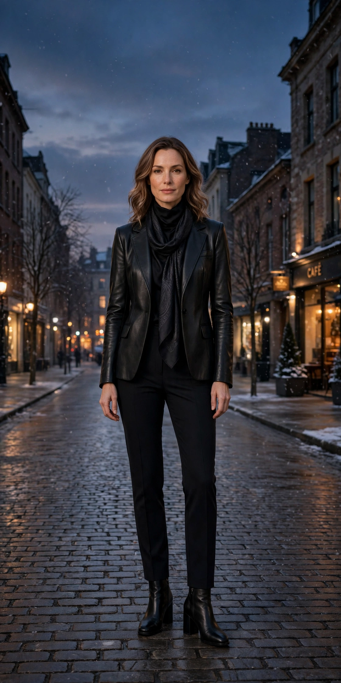 40 Women in Their 30s Black Leather Jacket Outfits for Winter Nights That Are Chic, Warm and Elegant 6 Jet black leather tailored jacket outfit with black trousers, block-heel ankle boots and a silk scarf