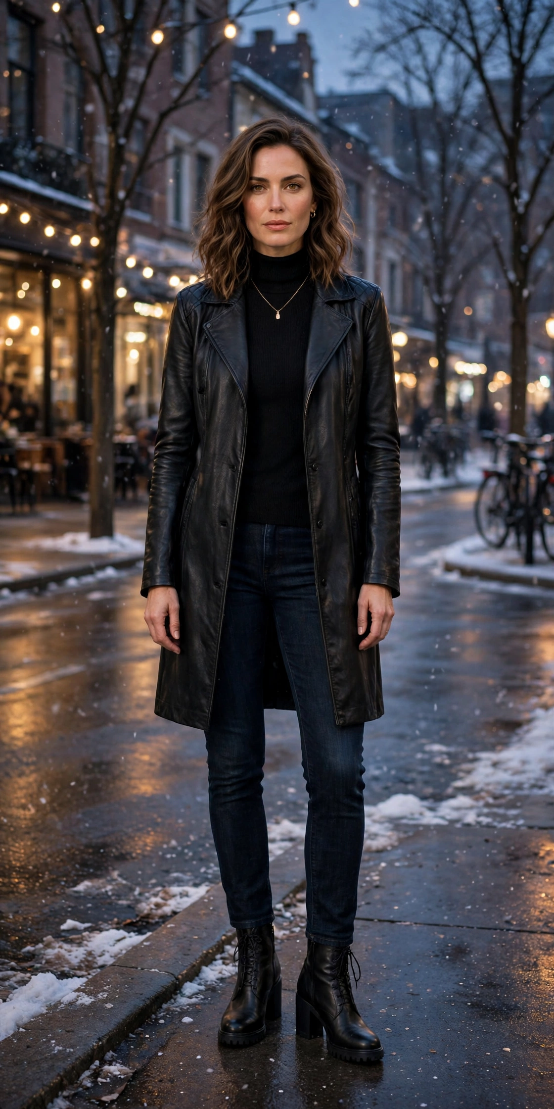 40 Women in Their 30s Black Leather Jacket Outfits for Winter Nights That Are Chic, Warm and Elegant 8 Black leather longline jacket outfit with dark jeans, block-heel ankle boots and a delicate gold necklace