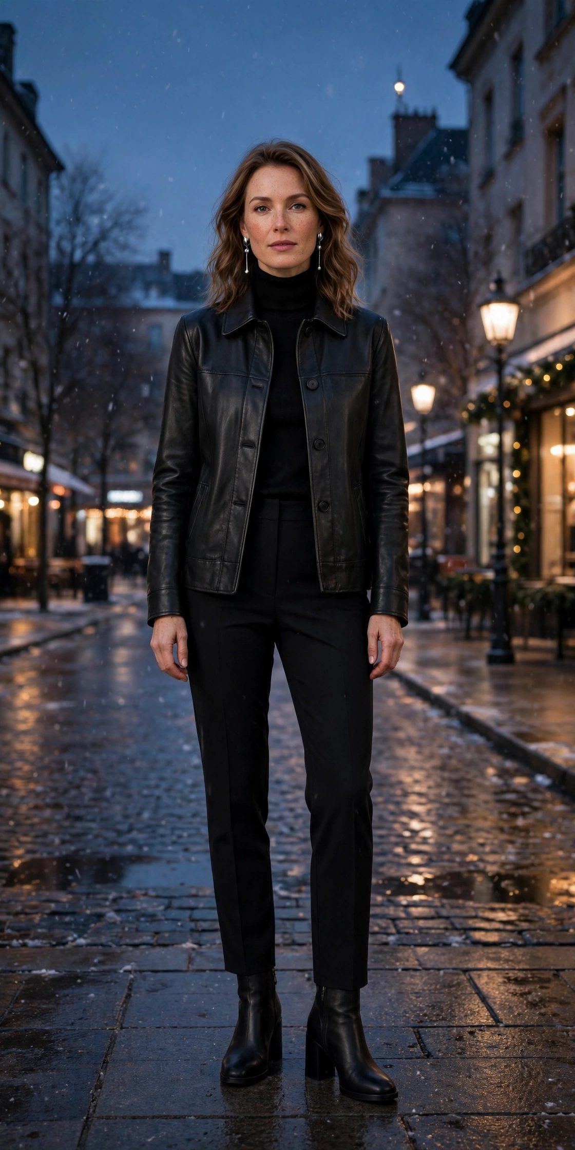 40 Women in Their 30s Black Leather Jacket Outfits for Winter Nights That Are Chic, Warm and Elegant 9 Matte black leather collar jacket outfit with tailored trousers, block-heel ankle boots and silver drop earrings