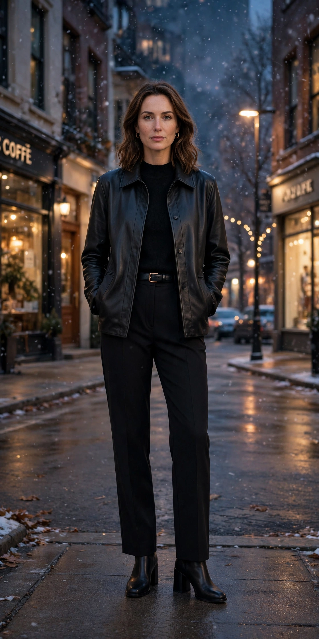 40 Women in Their 30s Black Leather Jacket Outfits for Winter Nights That Are Chic, Warm and Elegant 10 Soft black leather collar jacket outfit with straight-leg trousers, comfortable block heels and a slim leather belt