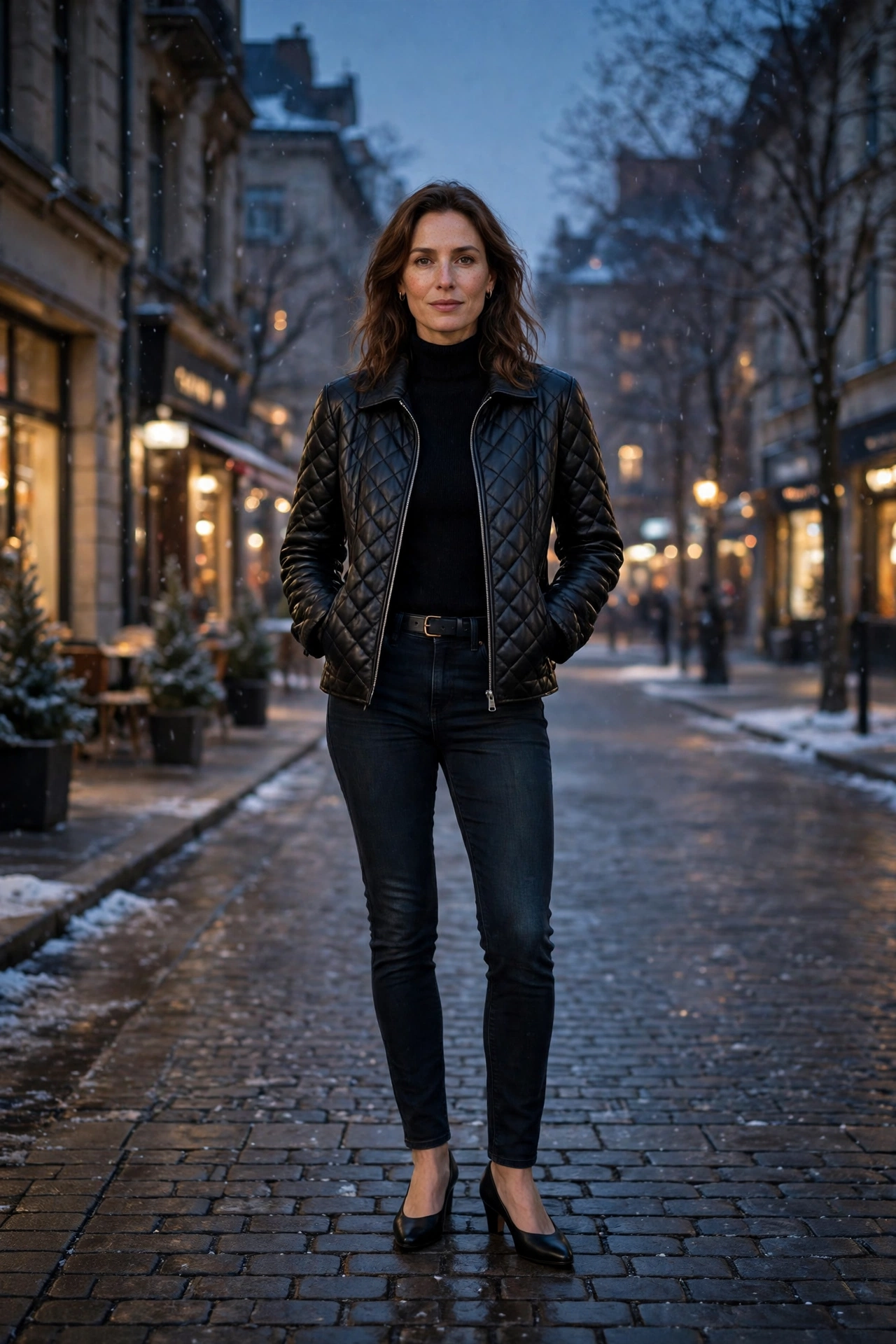 40 Women in Their 30s Black Leather Jacket Outfits for Winter Nights That Are Chic, Warm and Elegant 11 Jet black leather quilted jacket outfit with dark jeans, low-heeled pumps and a slim leather belt