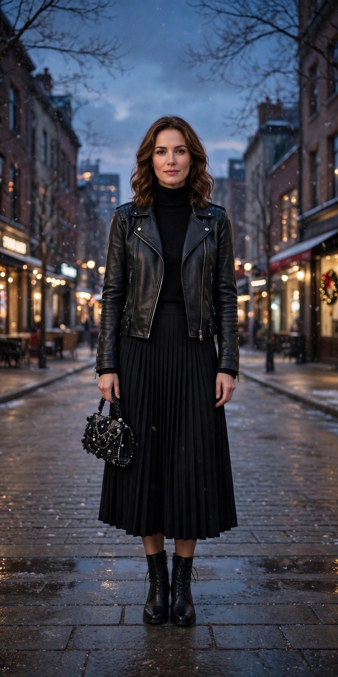 40 Women in Their 30s Black Leather Jacket Outfits for Winter Nights That Are Chic, Warm and Elegant 12 Matte black leather moto jacket outfit with a pleated skirt, leather ankle boots and a beaded clutch