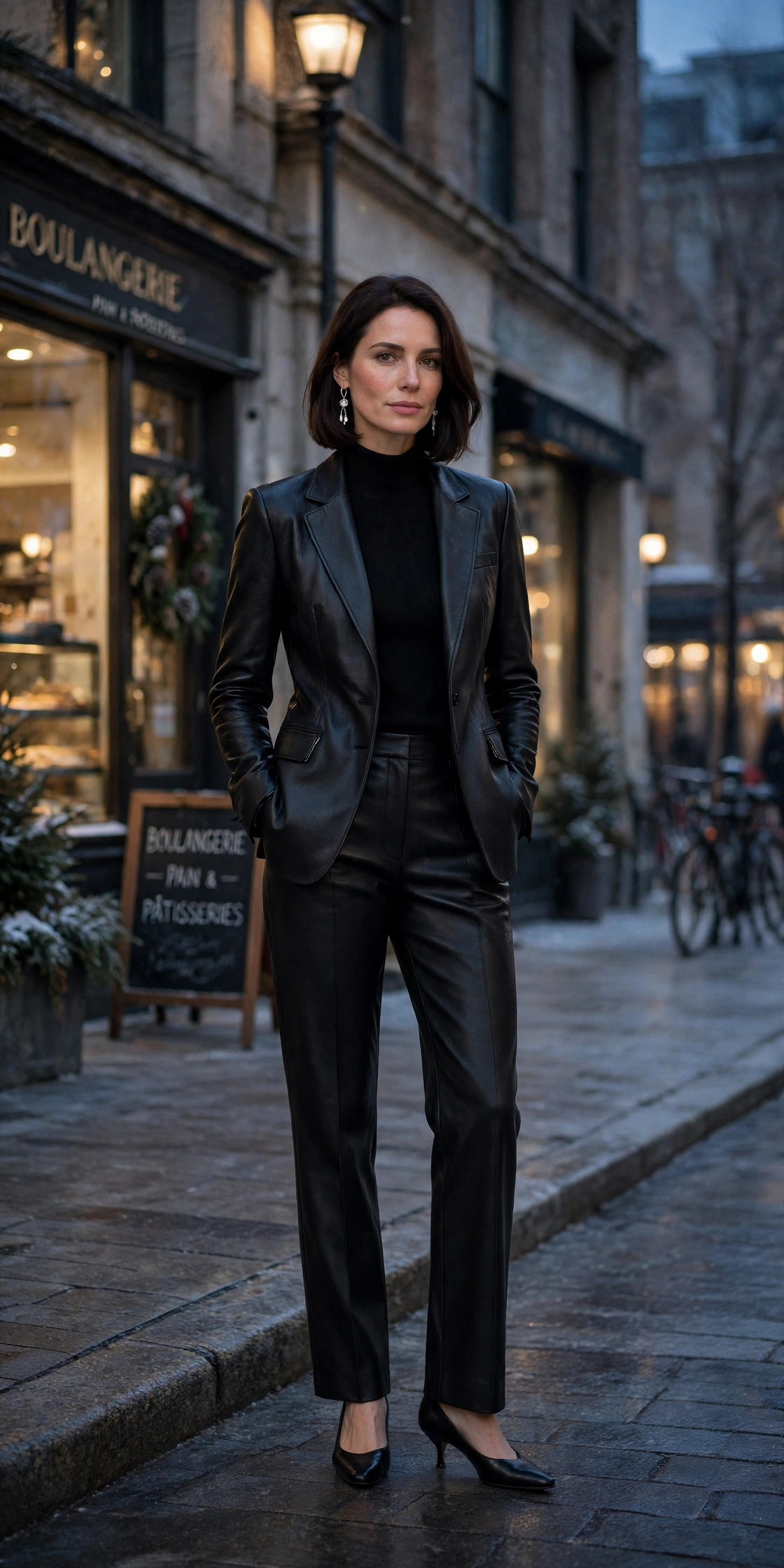 40 Women in Their 30s Black Leather Jacket Outfits for Winter Nights That Are Chic, Warm and Elegant 13 Jet black leather tailored jacket outfit with straight-leg trousers, kitten heels and silver drop earrings
