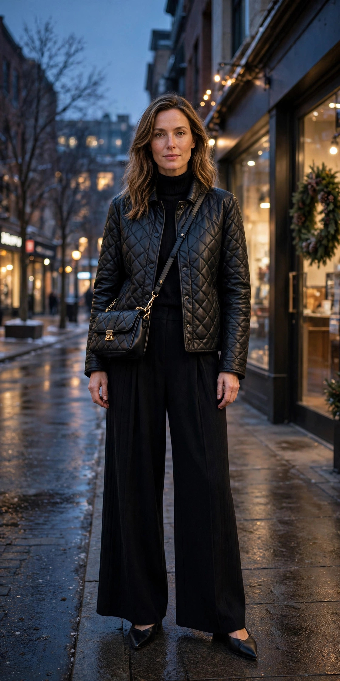 40 Women in Their 30s Black Leather Jacket Outfits for Winter Nights That Are Chic, Warm and Elegant 14 Soft black leather quilted jacket outfit with wide-leg trousers, elegant pointed flats and a chic crossbody bag