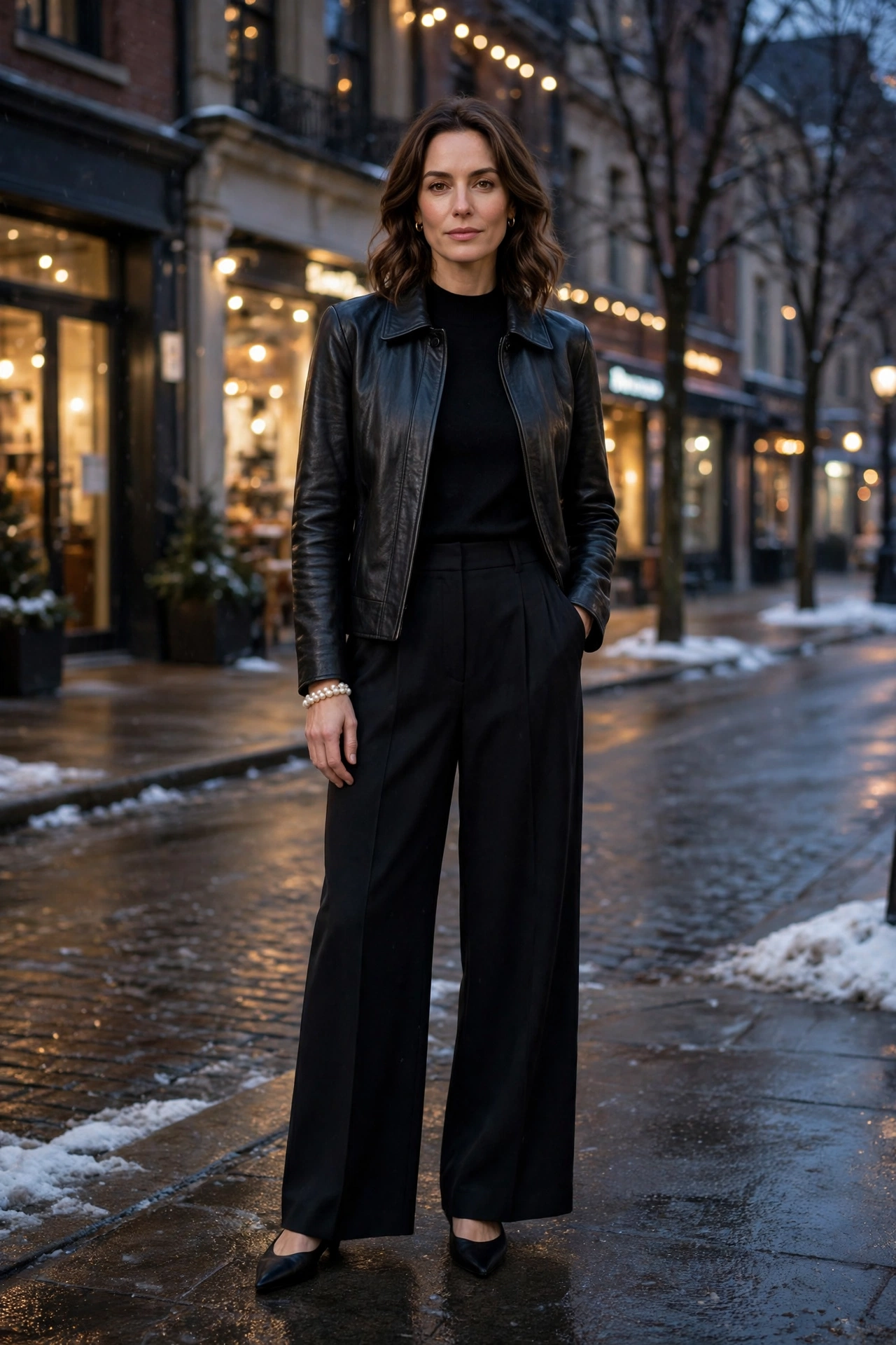 40 Women in Their 30s Black Leather Jacket Outfits for Winter Nights That Are Chic, Warm and Elegant 15 Deep black leather collar jacket outfit with wide-leg trousers, elegant pointed flats and a pearl bracelet