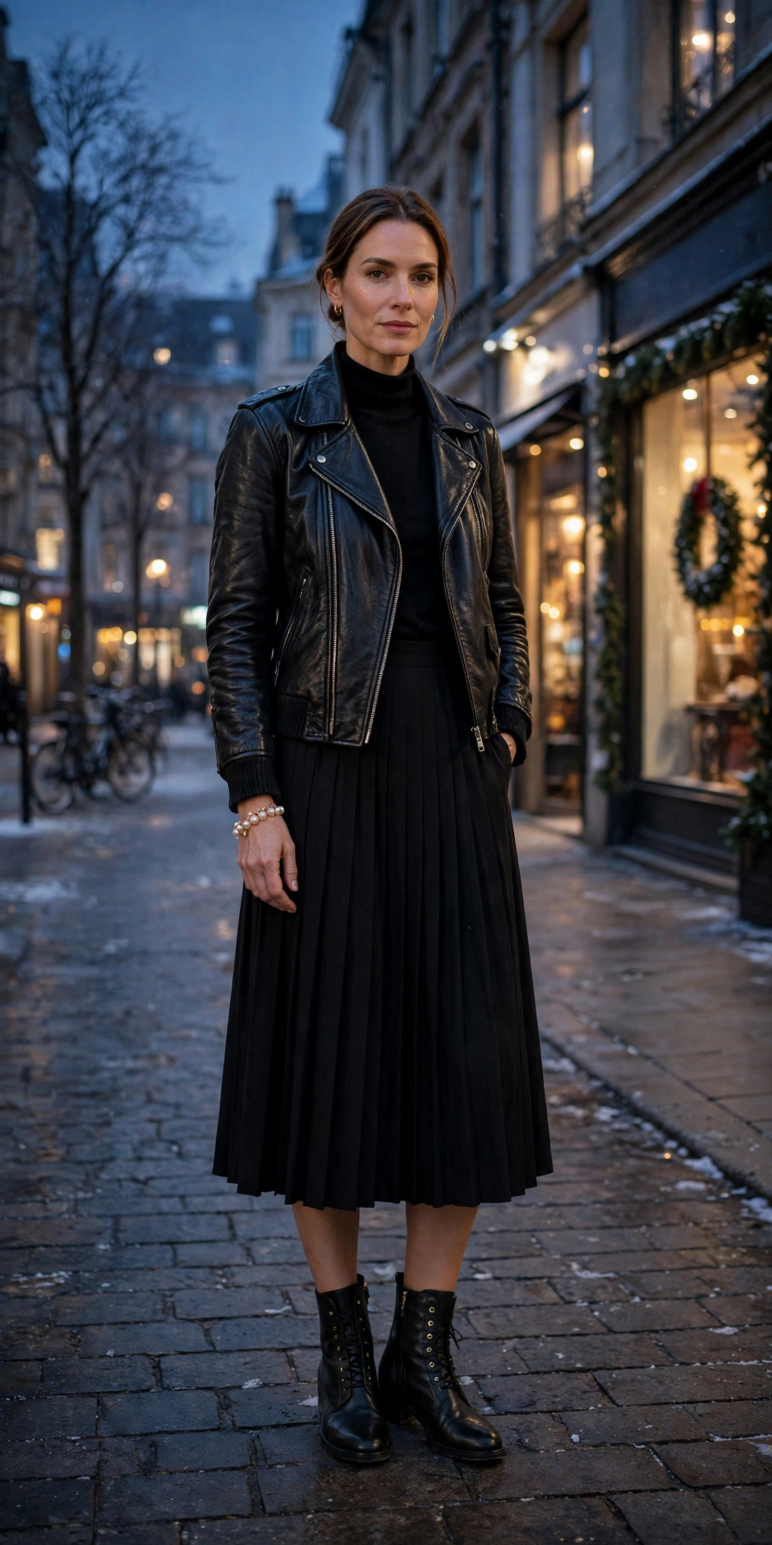 40 Women in Their 30s Black Leather Jacket Outfits for Winter Nights That Are Chic, Warm and Elegant 16 Black leather moto jacket outfit with a pleated skirt, leather ankle boots and a pearl bracelet