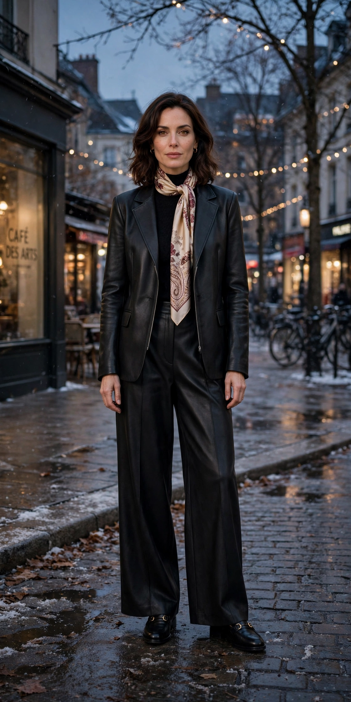 40 Women in Their 30s Black Leather Jacket Outfits for Winter Nights That Are Chic, Warm and Elegant 17 Matte black leather tailored jacket outfit with wide-leg trousers, smart loafers and a silk scarf
