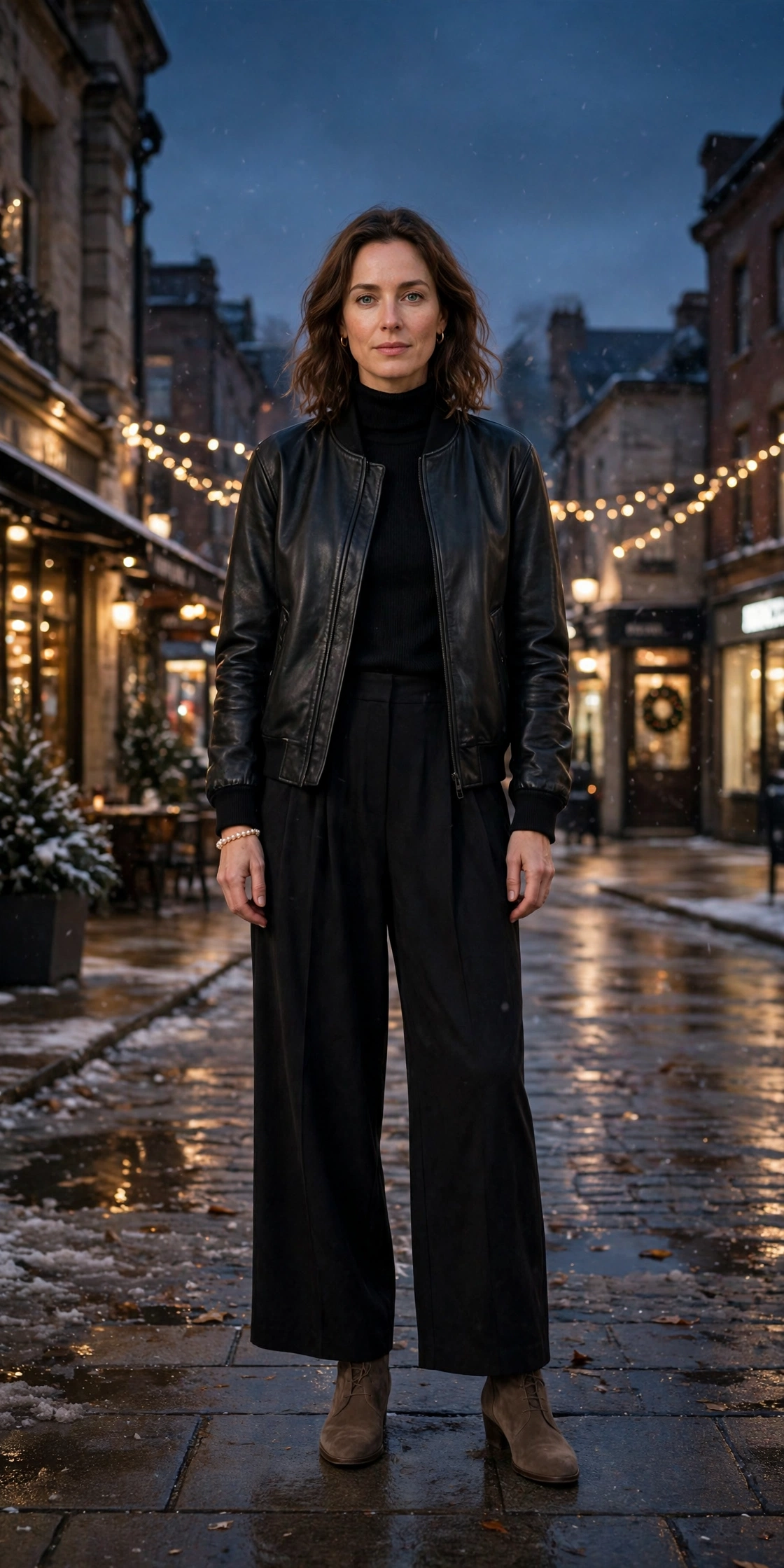 40 Women in Their 30s Black Leather Jacket Outfits for Winter Nights That Are Chic, Warm and Elegant 18 Matte black leather bomber jacket outfit with wide-leg trousers, suede ankle boots and a pearl bracelet