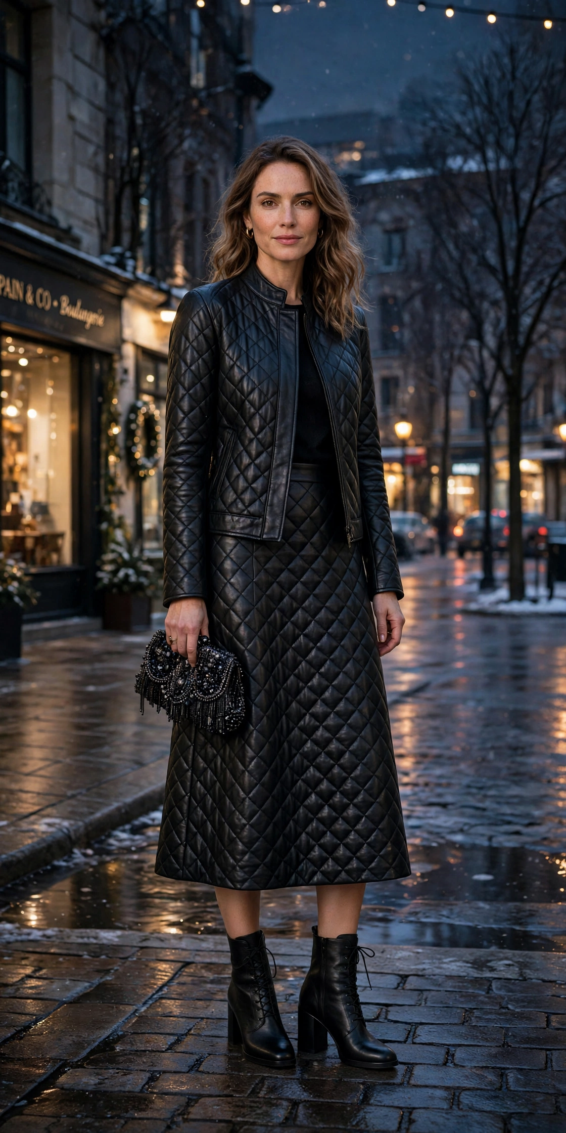 40 Women in Their 30s Black Leather Jacket Outfits for Winter Nights That Are Chic, Warm and Elegant 19 Deep black leather quilted jacket outfit with a midi skirt, block-heel ankle boots and a beaded clutch