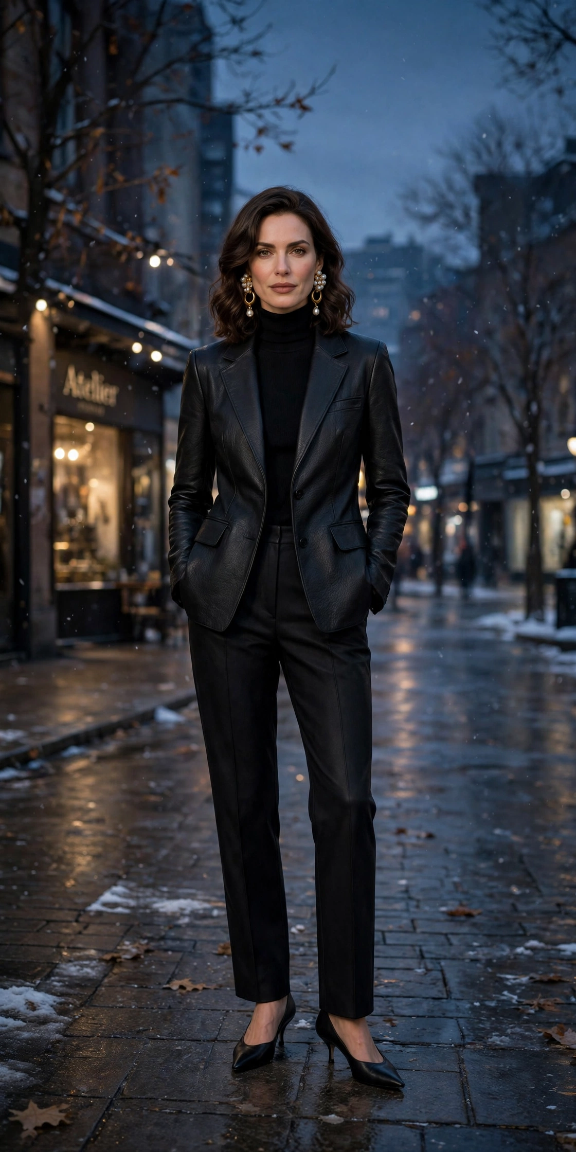 40 Women in Their 30s Black Leather Jacket Outfits for Winter Nights That Are Chic, Warm and Elegant 20 Black leather tailored jacket outfit with tailored trousers, kitten heels and statement earrings