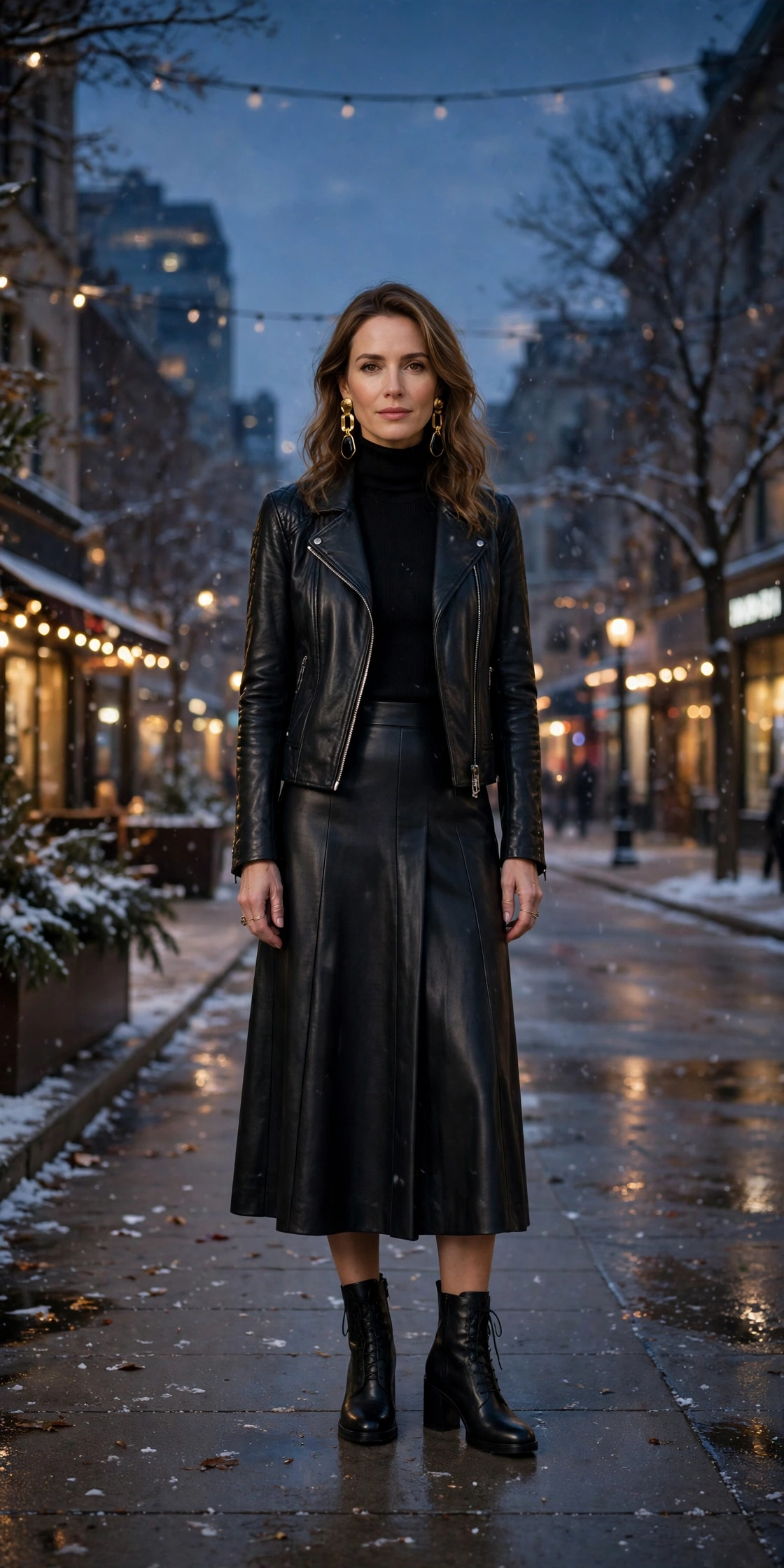 40 Women in Their 30s Black Leather Jacket Outfits for Winter Nights That Are Chic, Warm and Elegant 21 Deep black leather jacket outfit with a midi skirt, leather ankle boots and statement earrings