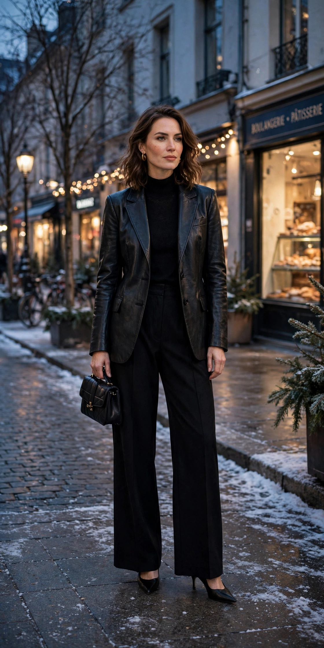 40 Women in Their 30s Black Leather Jacket Outfits for Winter Nights That Are Chic, Warm and Elegant 22 Black leather blazer-style jacket outfit with wide-leg trousers, black pointed heels and a small structured clutch