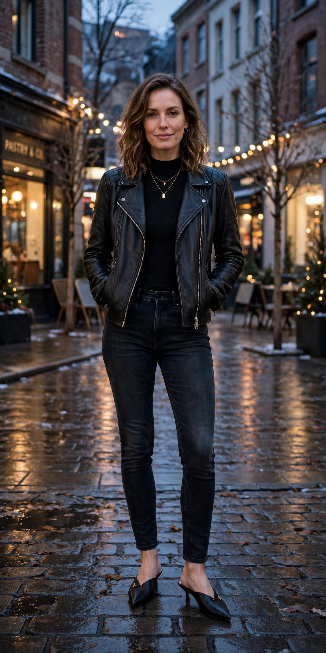 40 Women in Their 30s Black Leather Jacket Outfits for Winter Nights That Are Chic, Warm and Elegant 23 Black leather jacket outfit with dark jeans, pointed mules and a delicate gold necklace