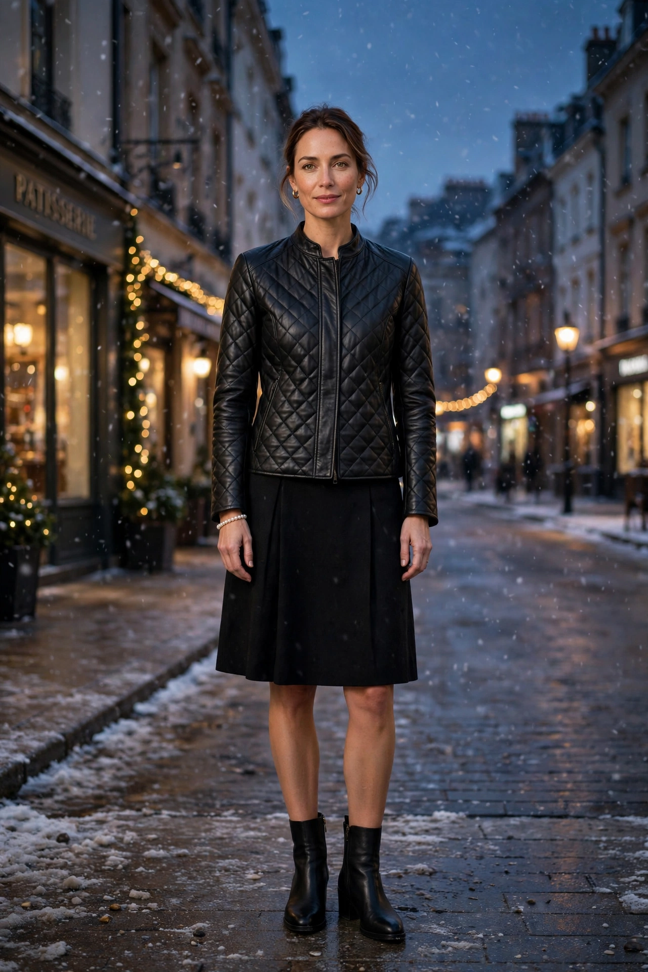 40 Women in Their 30s Black Leather Jacket Outfits for Winter Nights That Are Chic, Warm and Elegant 24 Matte black leather quilted jacket outfit with a knee-length skirt, leather ankle boots and a pearl bracelet