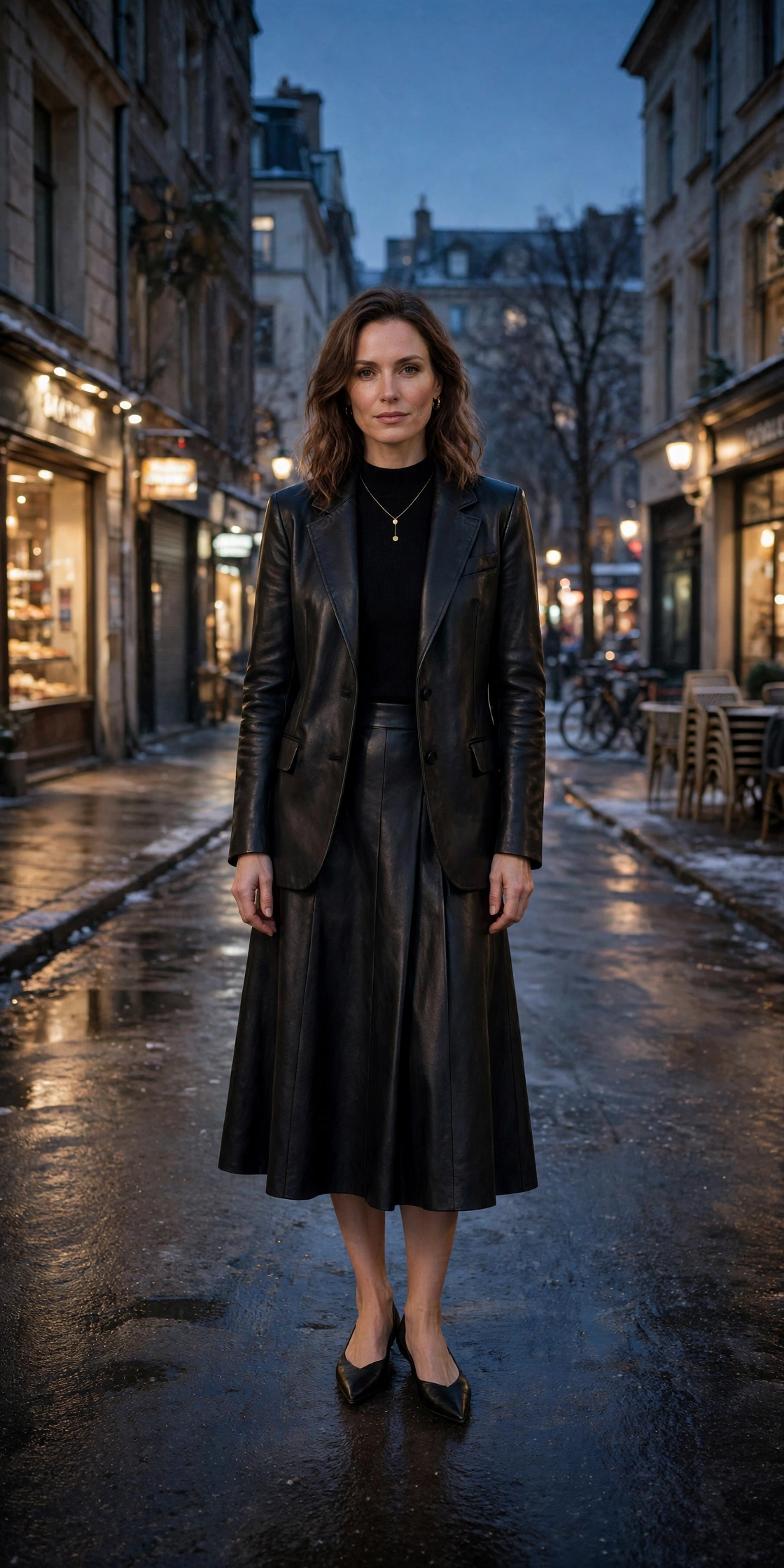 40 Women in Their 30s Black Leather Jacket Outfits for Winter Nights That Are Chic, Warm and Elegant 25 Deep black leather blazer-style jacket outfit with a midi skirt, elegant pointed flats and a delicate gold necklace