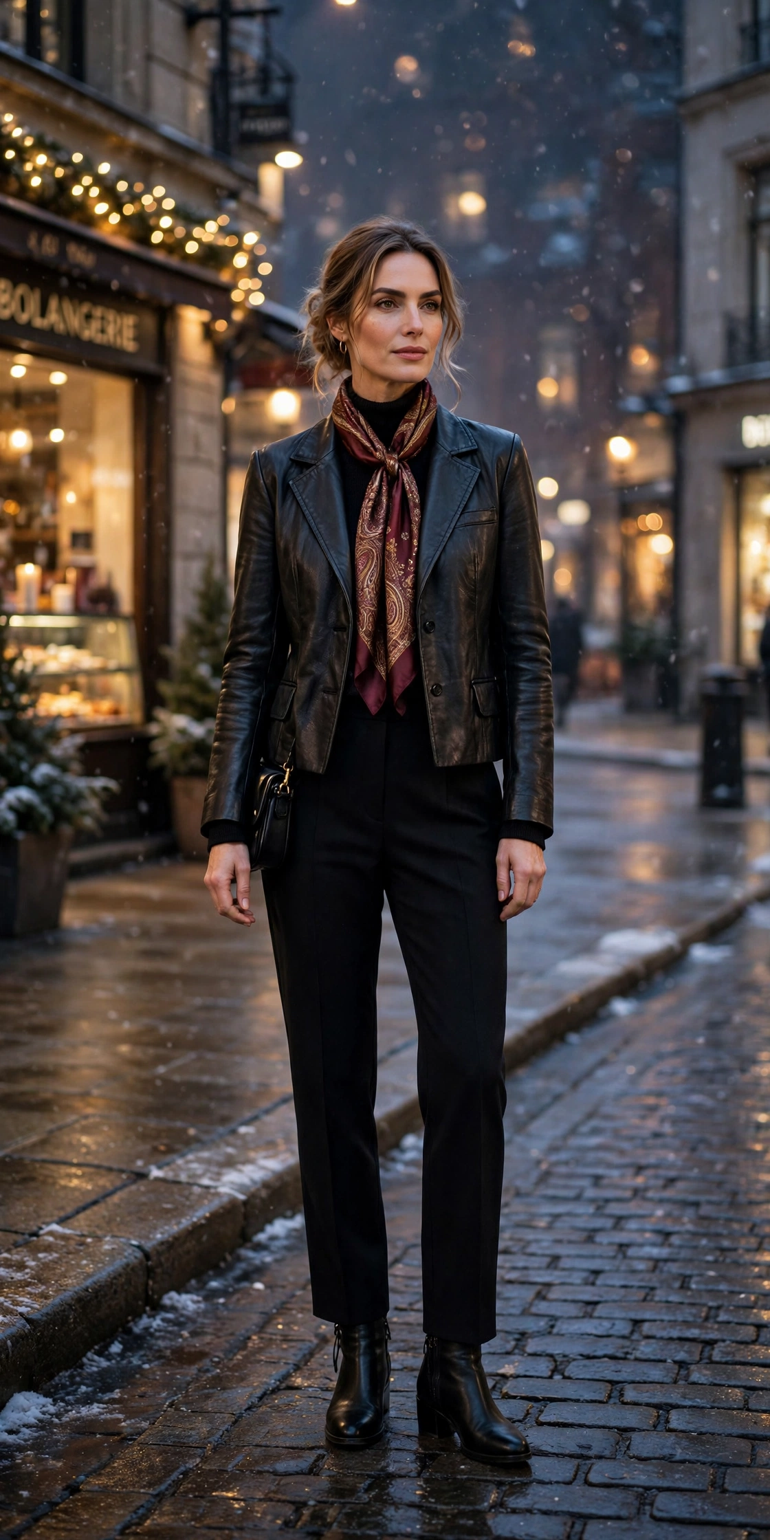 40 Women in Their 30s Black Leather Jacket Outfits for Winter Nights That Are Chic, Warm and Elegant 26 Black leather blazer-style jacket outfit with tailored trousers, leather ankle boots and a silk scarf
