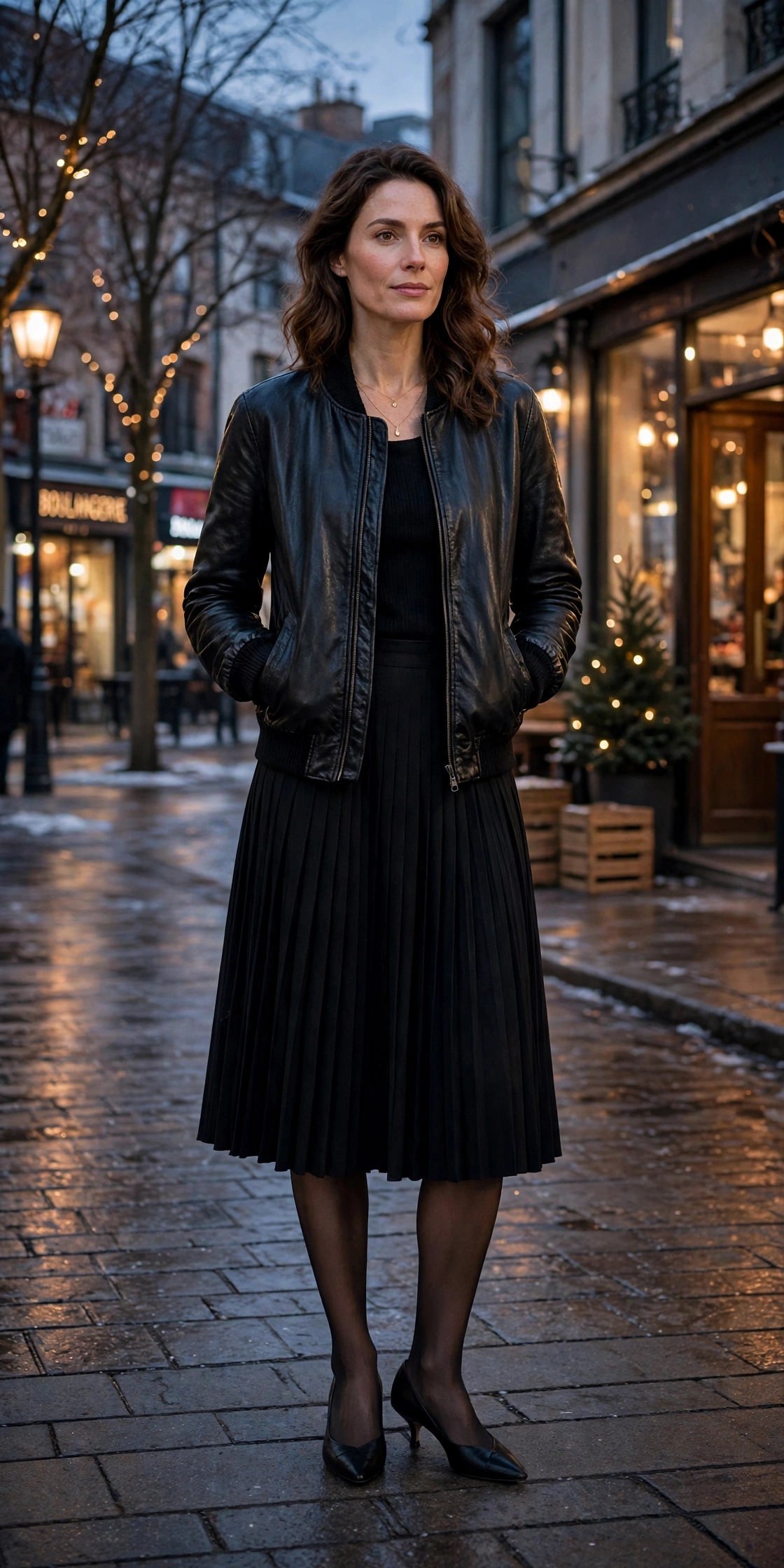 40 Women in Their 30s Black Leather Jacket Outfits for Winter Nights That Are Chic, Warm and Elegant 27 Black leather bomber jacket outfit with a pleated skirt, kitten heels and a delicate gold necklace