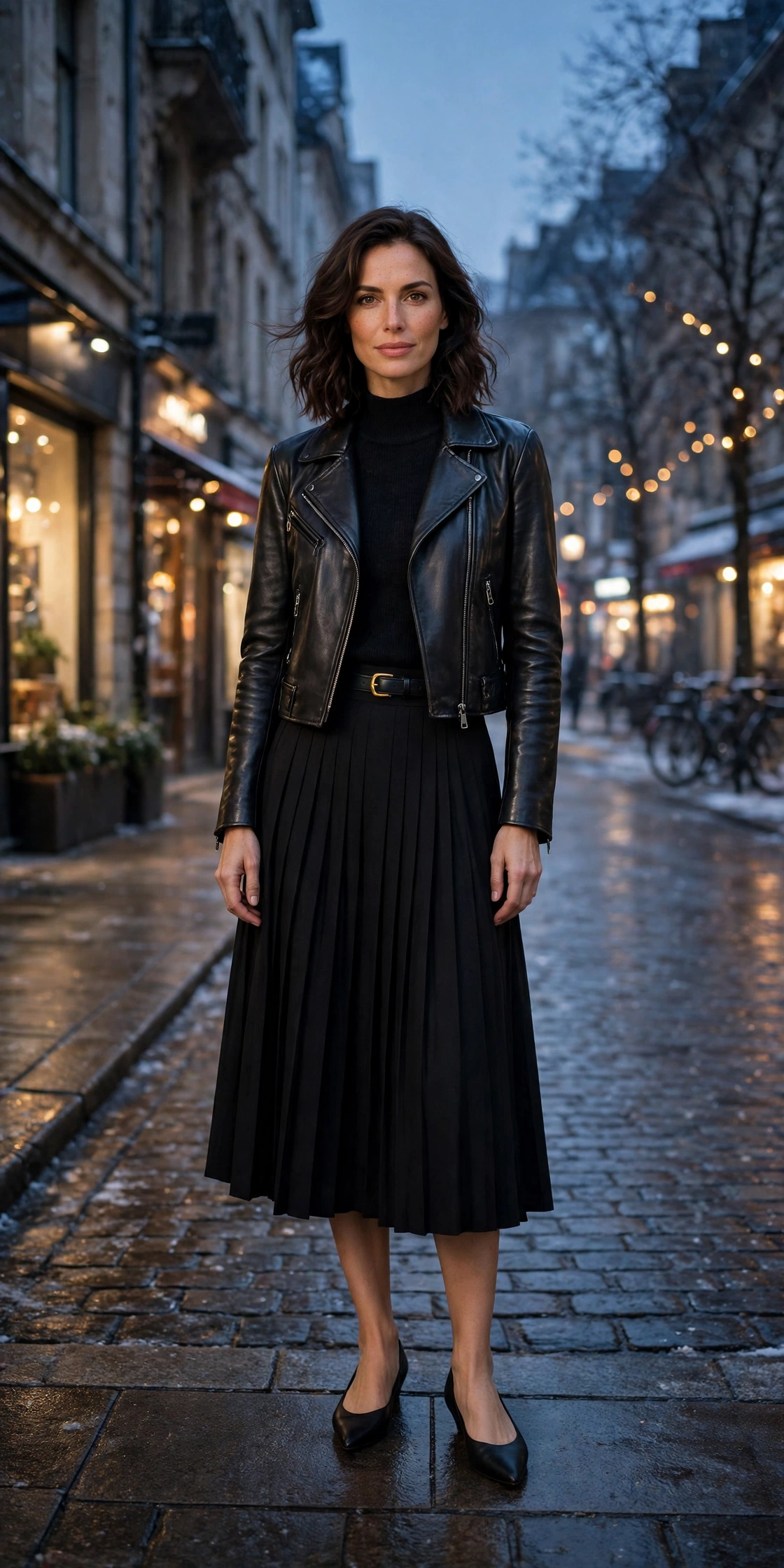 40 Women in Their 30s Black Leather Jacket Outfits for Winter Nights That Are Chic, Warm and Elegant 28 Jet black leather cropped jacket outfit with a pleated skirt, elegant pointed flats and a slim leather belt