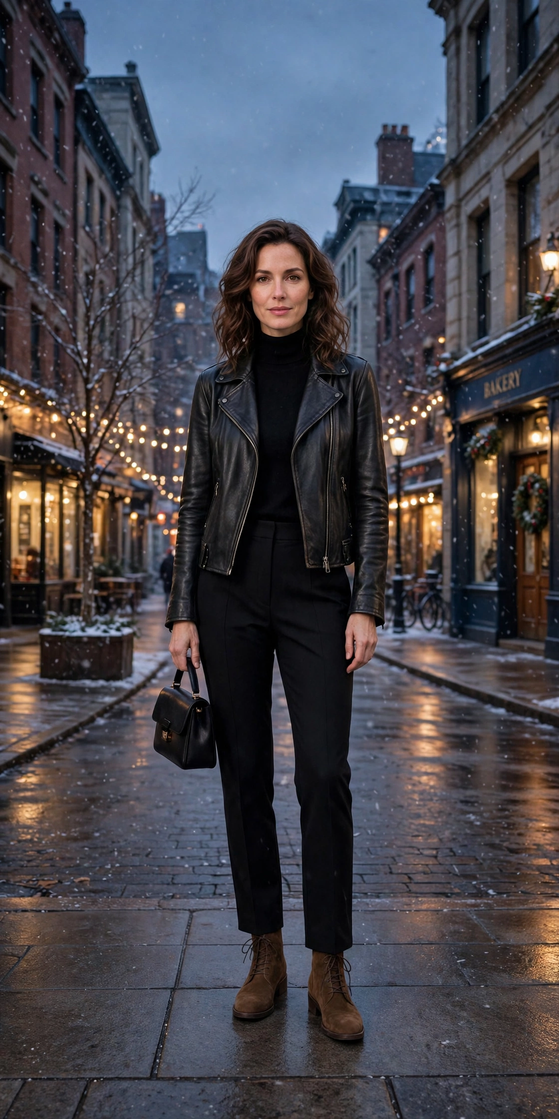 40 Women in Their 30s Black Leather Jacket Outfits for Winter Nights That Are Chic, Warm and Elegant 29 Soft black leather moto jacket outfit with black trousers, suede ankle boots and a small structured clutch