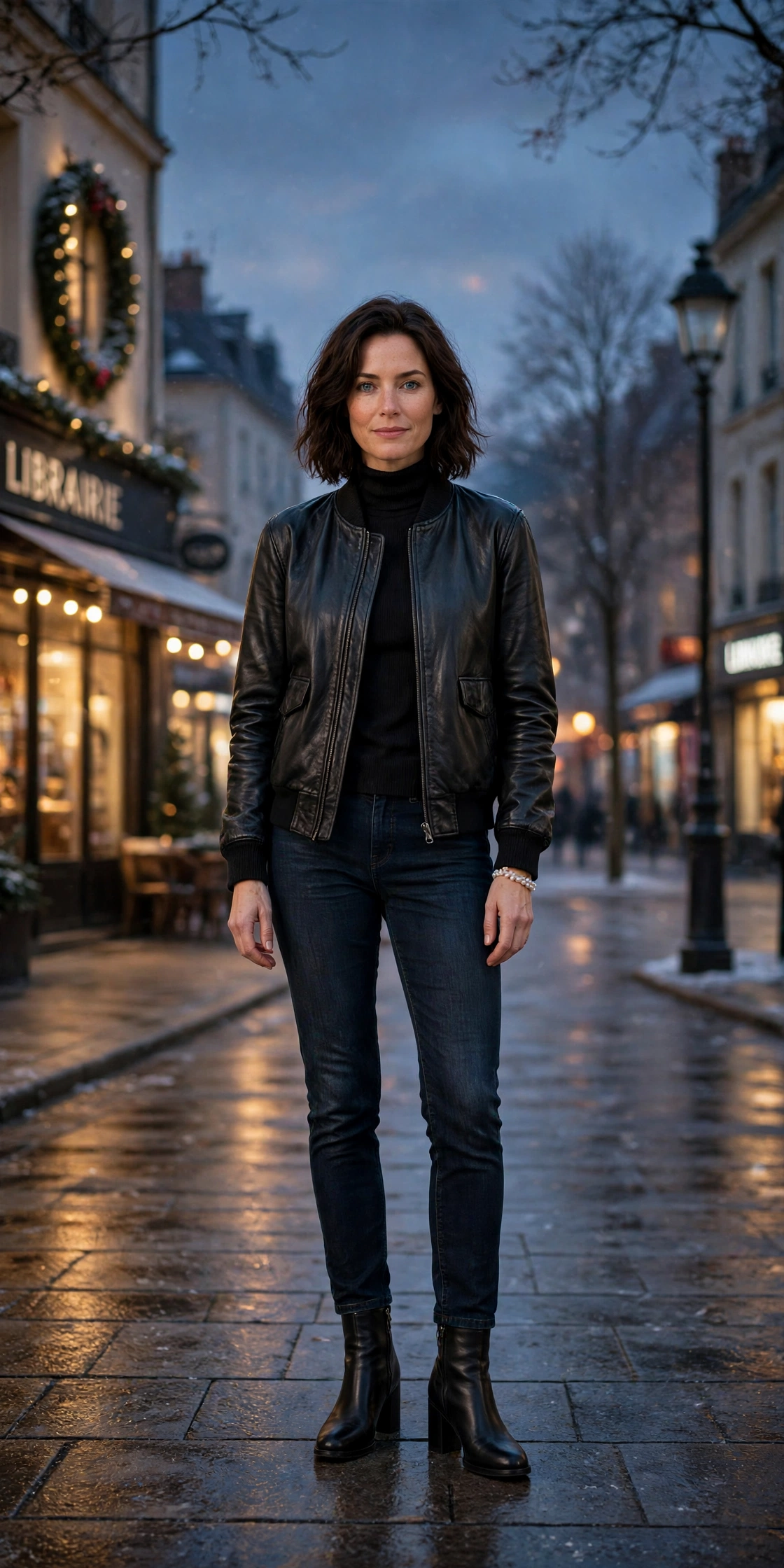40 Women in Their 30s Black Leather Jacket Outfits for Winter Nights That Are Chic, Warm and Elegant 30 Charcoal black leather bomber jacket outfit with dark jeans, block-heel ankle boots and a pearl bracelet