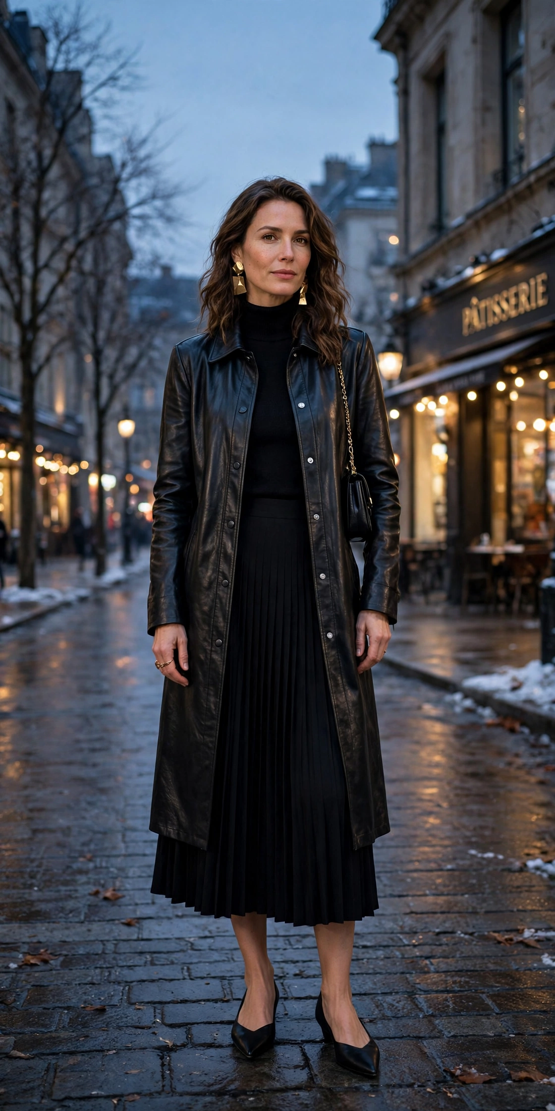 40 Women in Their 30s Black Leather Jacket Outfits for Winter Nights That Are Chic, Warm and Elegant 31 Deep black leather longline jacket outfit with a midi skirt, elegant pointed flats and statement earrings