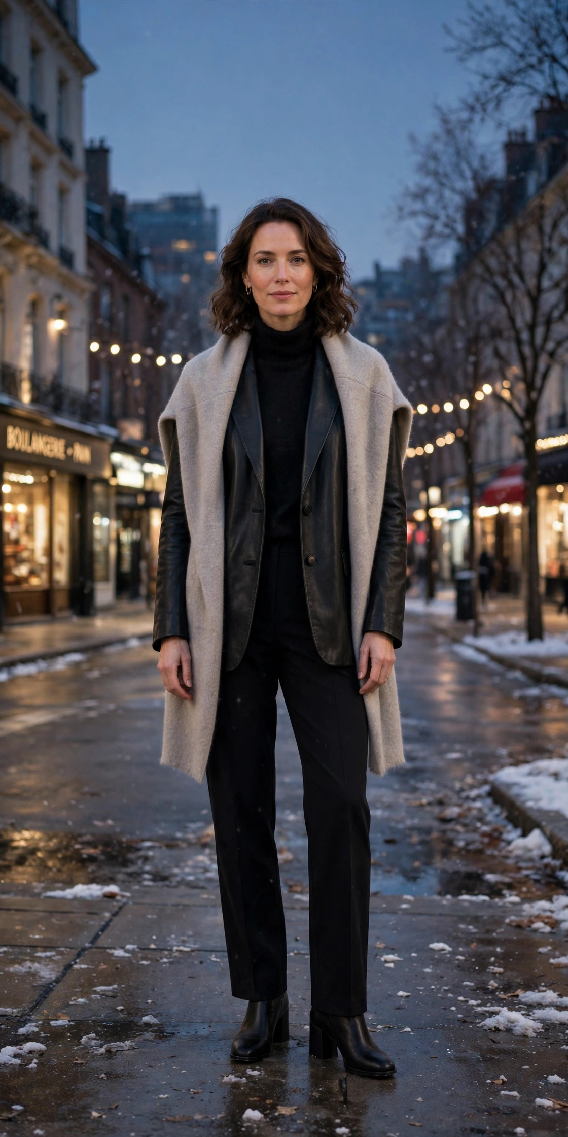 40 Women in Their 30s Black Leather Jacket Outfits for Winter Nights That Are Chic, Warm and Elegant 32 Soft black leather blazer-style jacket outfit with straight-leg trousers, comfortable block heels and a cashmere wrap