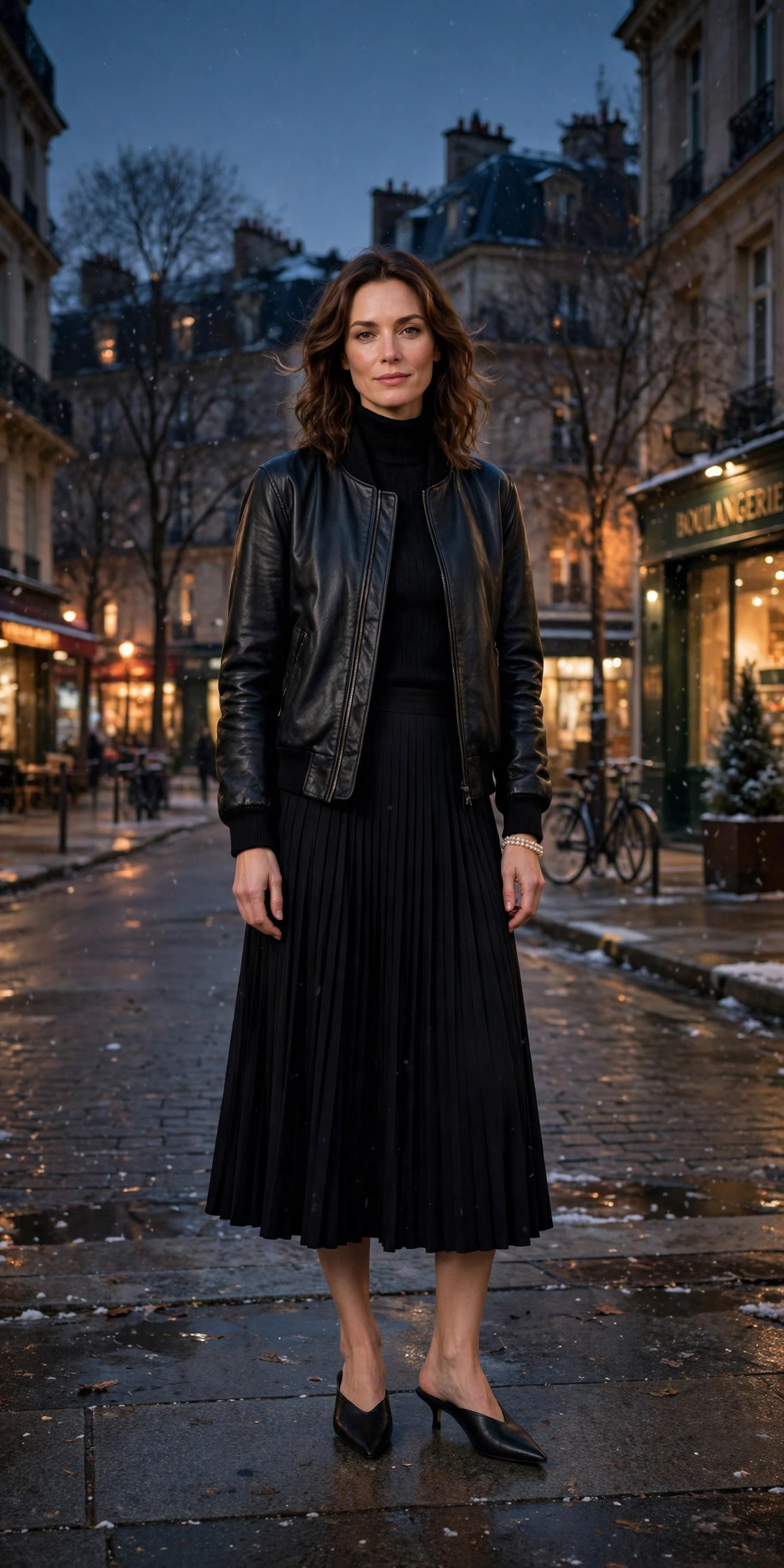 40 Women in Their 30s Black Leather Jacket Outfits for Winter Nights That Are Chic, Warm and Elegant 33 Deep black leather bomber jacket outfit with a midi skirt, pointed mules and a pearl bracelet