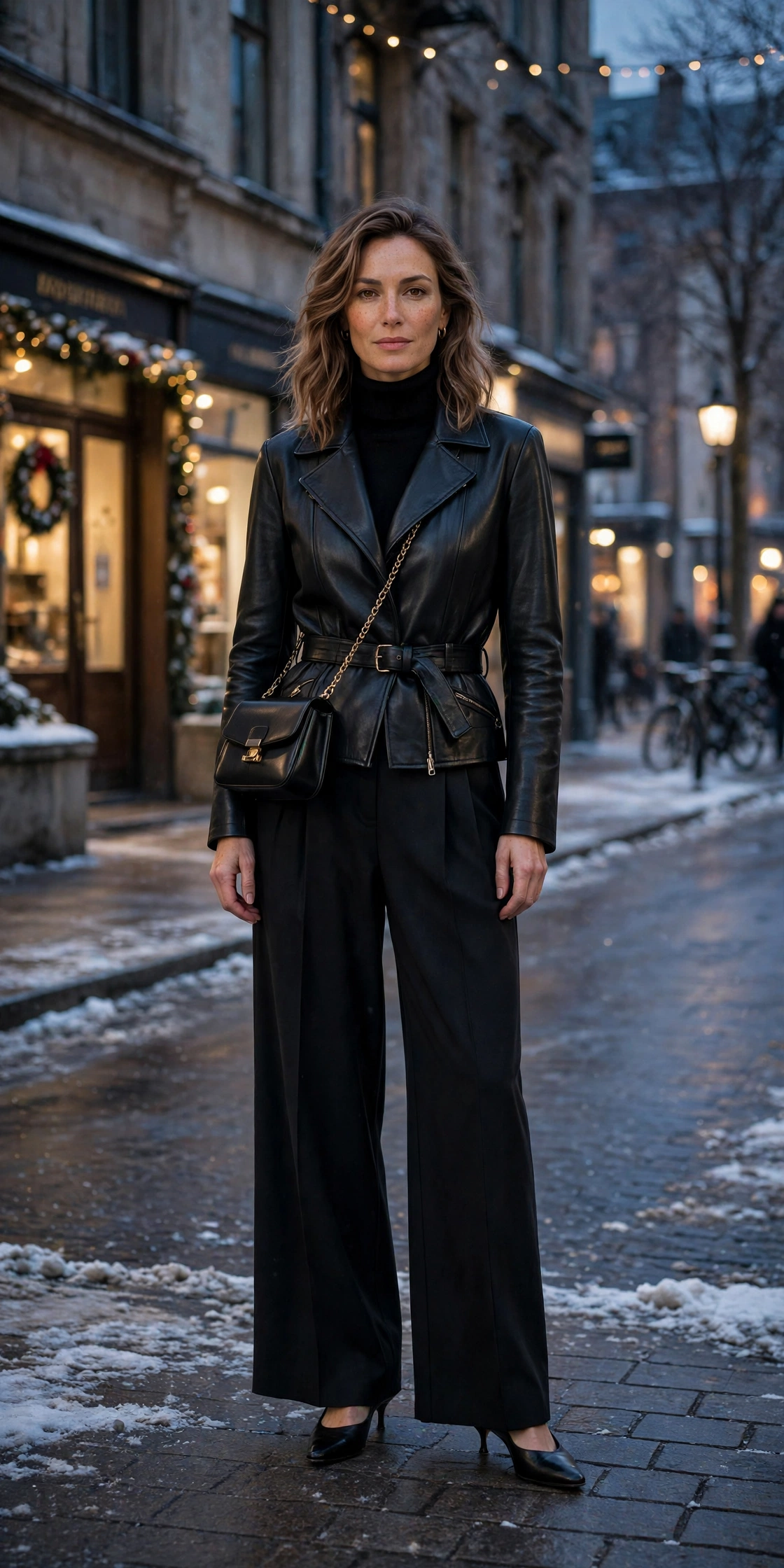 40 Women in Their 30s Black Leather Jacket Outfits for Winter Nights That Are Chic, Warm and Elegant 34 Matte black leather belted jacket outfit with wide-leg trousers, kitten heels and a chic crossbody bag