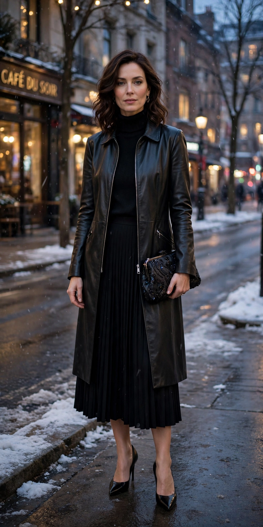 40 Women in Their 30s Black Leather Jacket Outfits for Winter Nights That Are Chic, Warm and Elegant 35 Deep black leather longline jacket outfit with a midi skirt, black pointed heels and a beaded clutch