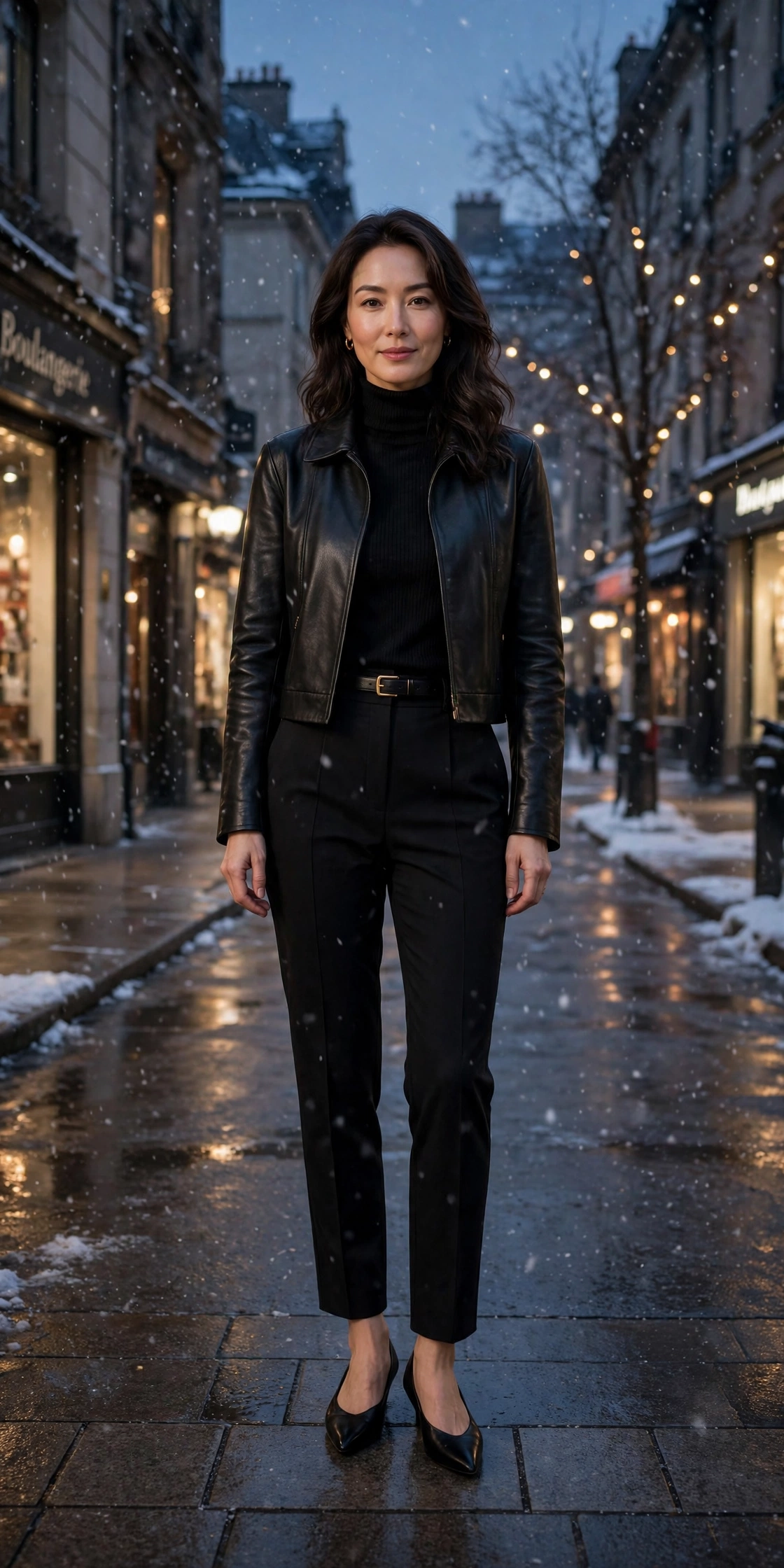 40 Women in Their 30s Black Leather Jacket Outfits for Winter Nights That Are Chic, Warm and Elegant 36 Black leather cropped jacket outfit with black trousers, elegant pointed flats and a slim leather belt