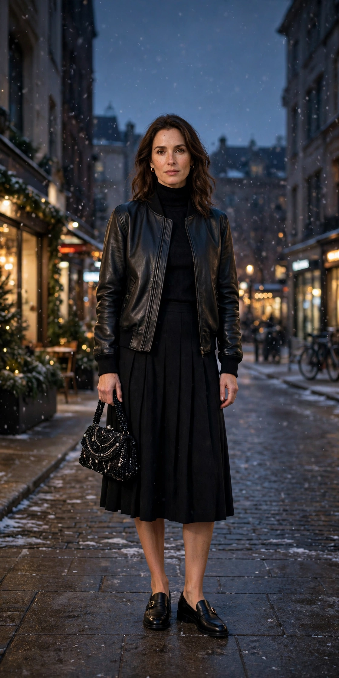 40 Women in Their 30s Black Leather Jacket Outfits for Winter Nights That Are Chic, Warm and Elegant 37 Deep black leather bomber jacket outfit with a knee-length skirt, smart loafers and a beaded clutch