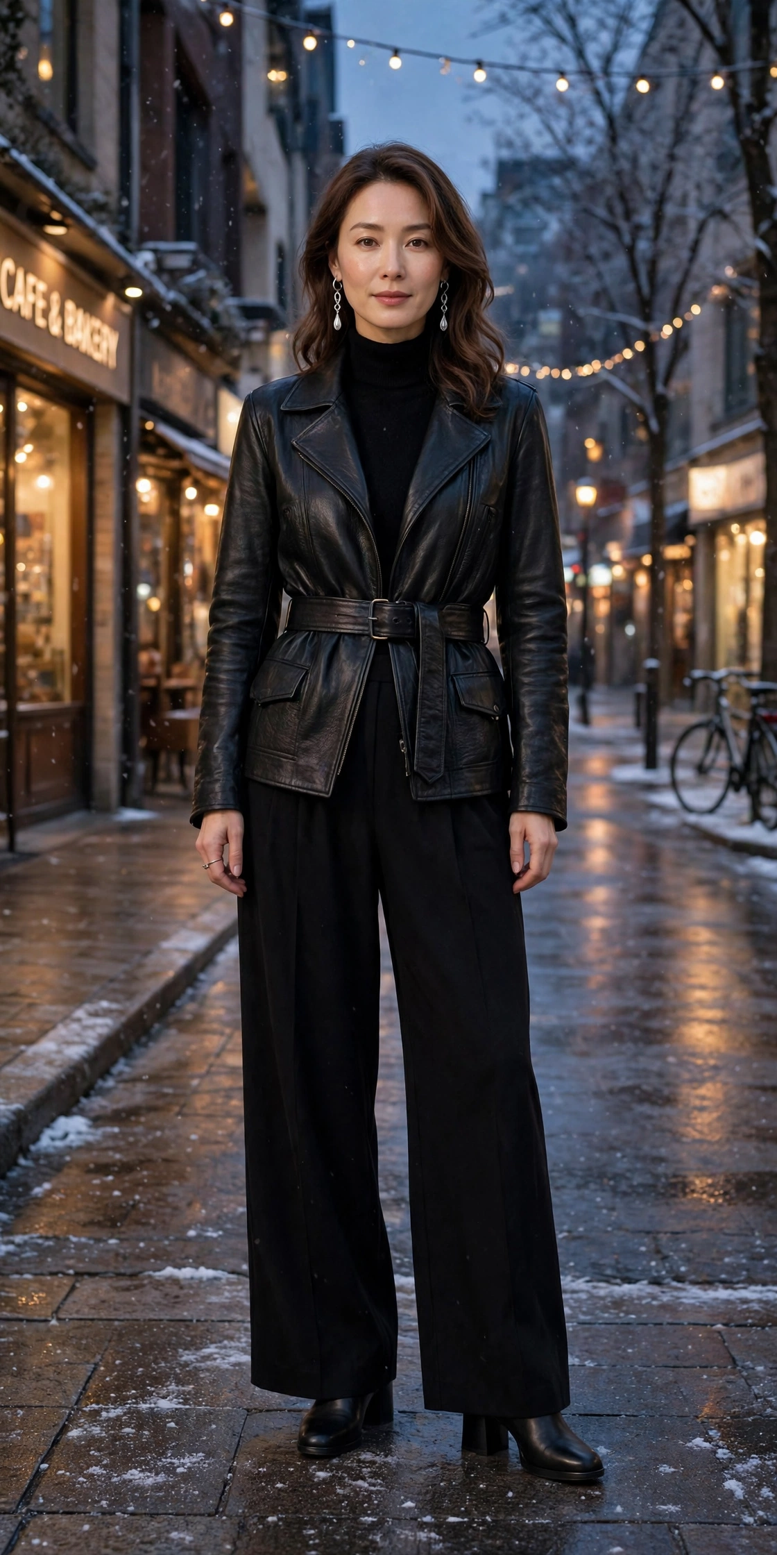 40 Women in Their 30s Black Leather Jacket Outfits for Winter Nights That Are Chic, Warm and Elegant 38 Deep black leather belted jacket outfit with wide-leg trousers, comfortable block heels and silver drop earrings