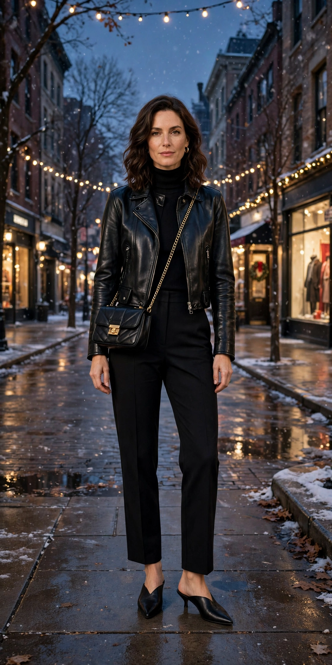 40 Women in Their 30s Black Leather Jacket Outfits for Winter Nights That Are Chic, Warm and Elegant 39 Jet black leather cropped jacket outfit with straight-leg trousers, pointed mules and a chic crossbody bag