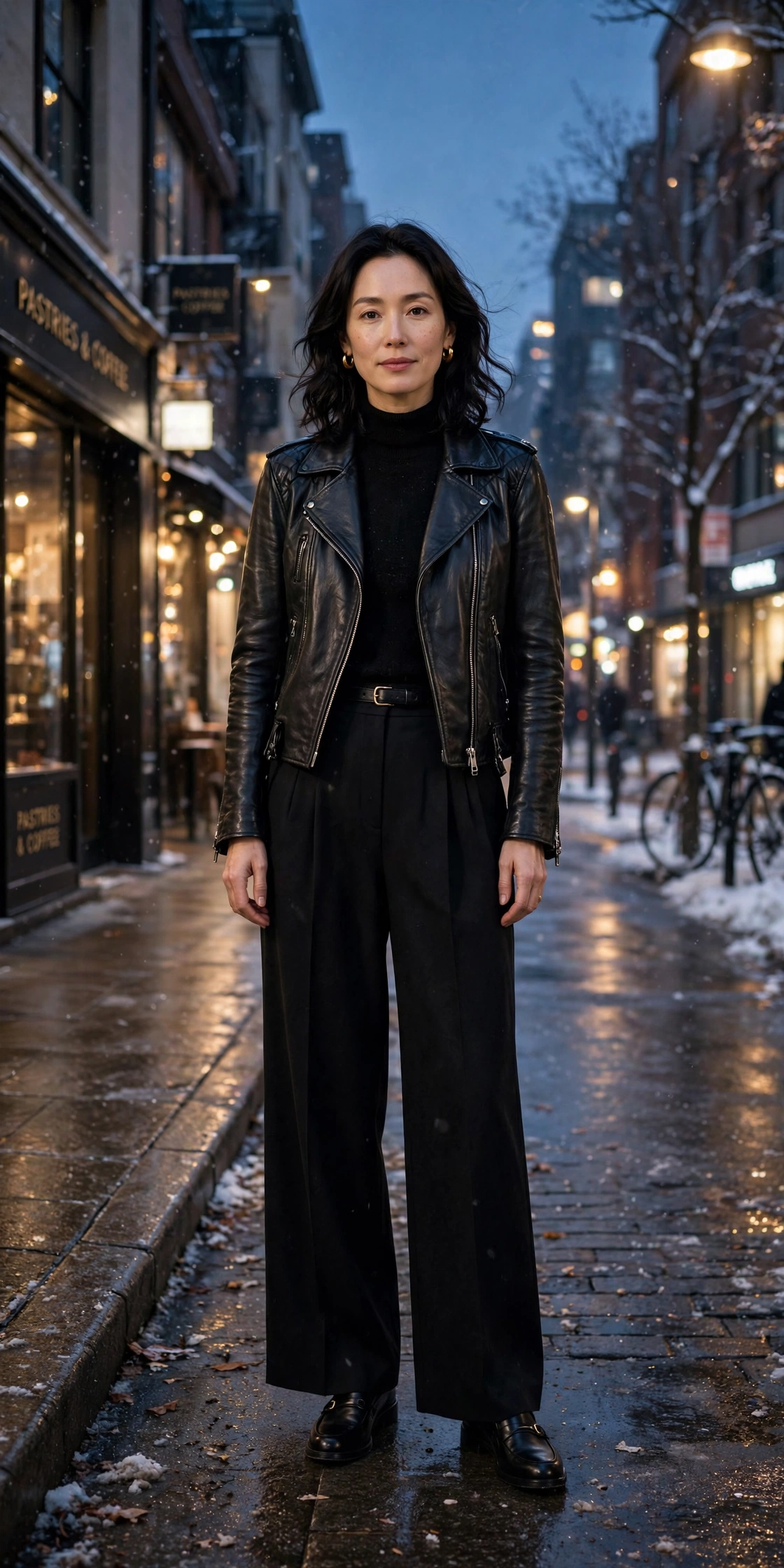 40 Women in Their 30s Black Leather Jacket Outfits for Winter Nights That Are Chic, Warm and Elegant 40 Deep black leather biker jacket outfit with wide-leg trousers, smart loafers and a slim leather belt